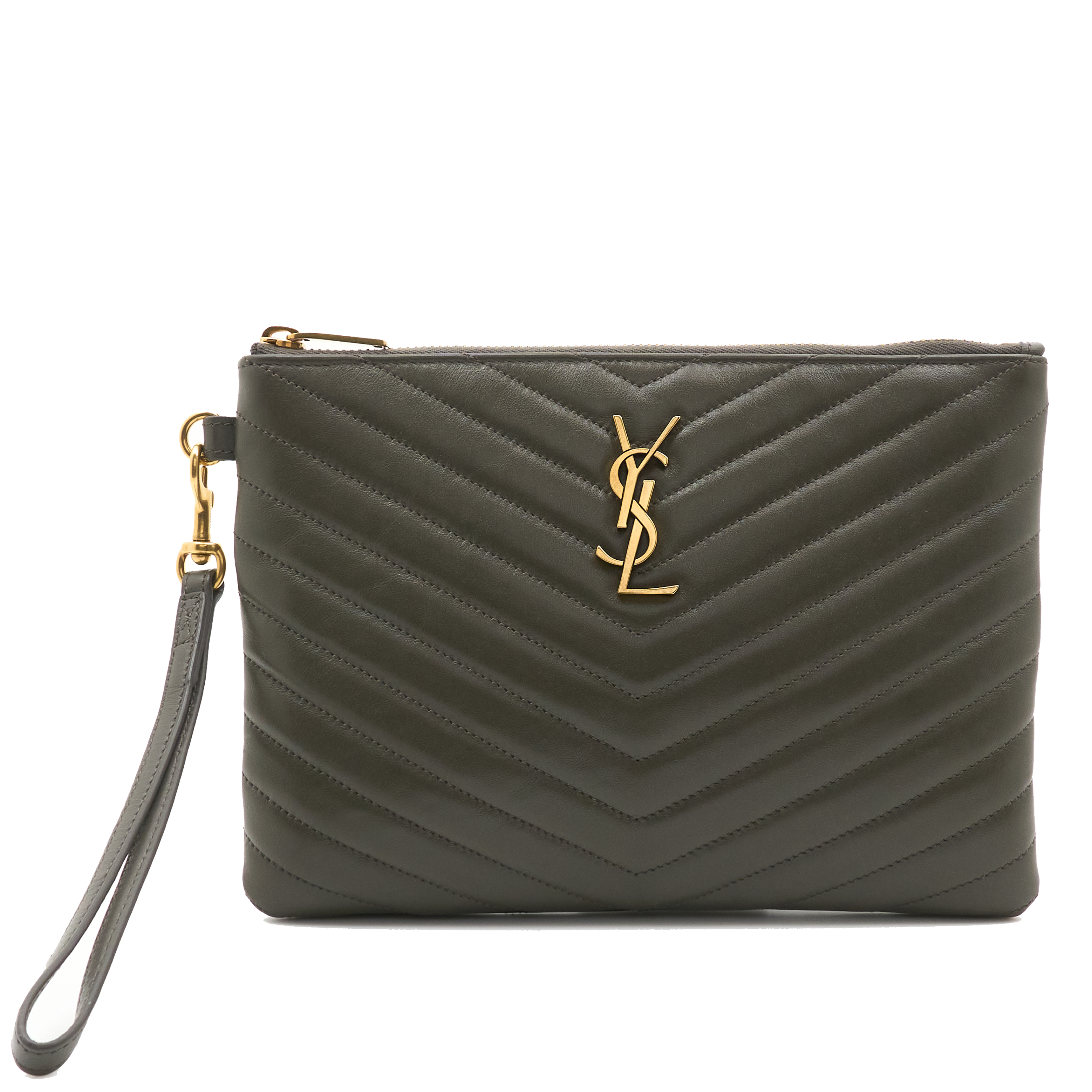 Saint Laurent Chevron Pouch In Olive Leather