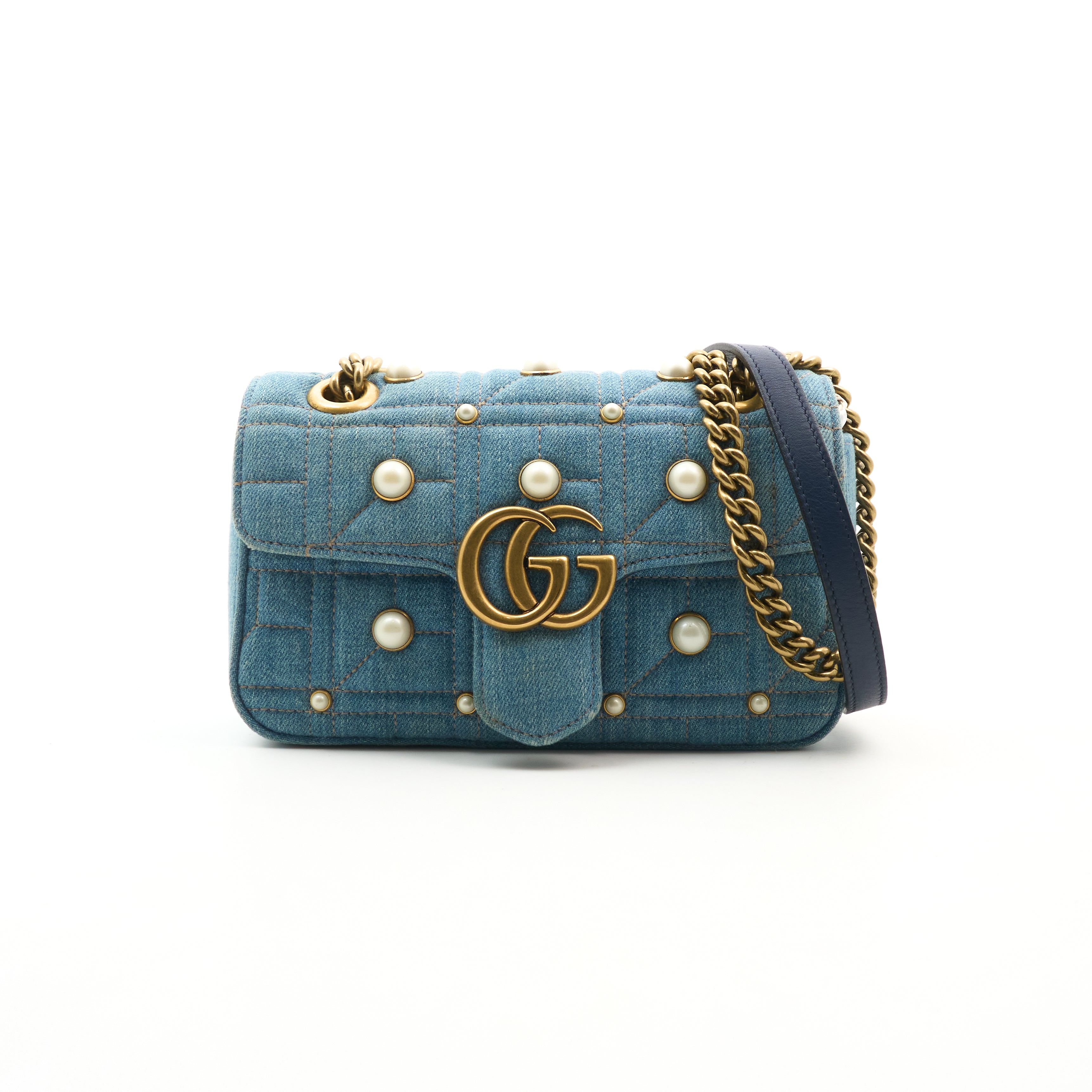 Gucci GG Marmont Denim Pearl Shoulder Bag