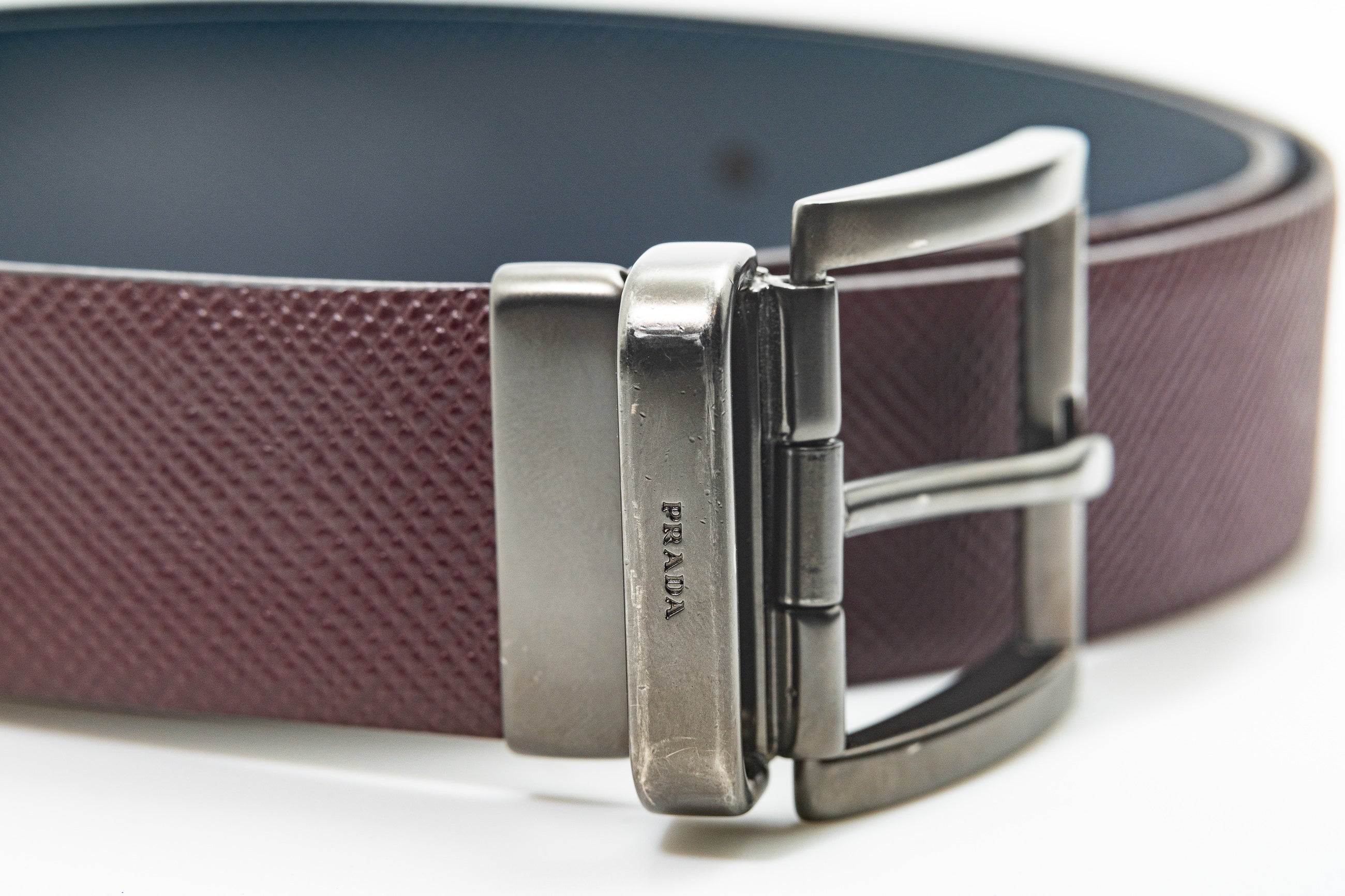 Prada Leather Reversible Saffiano Belt in Navy and Burgundy