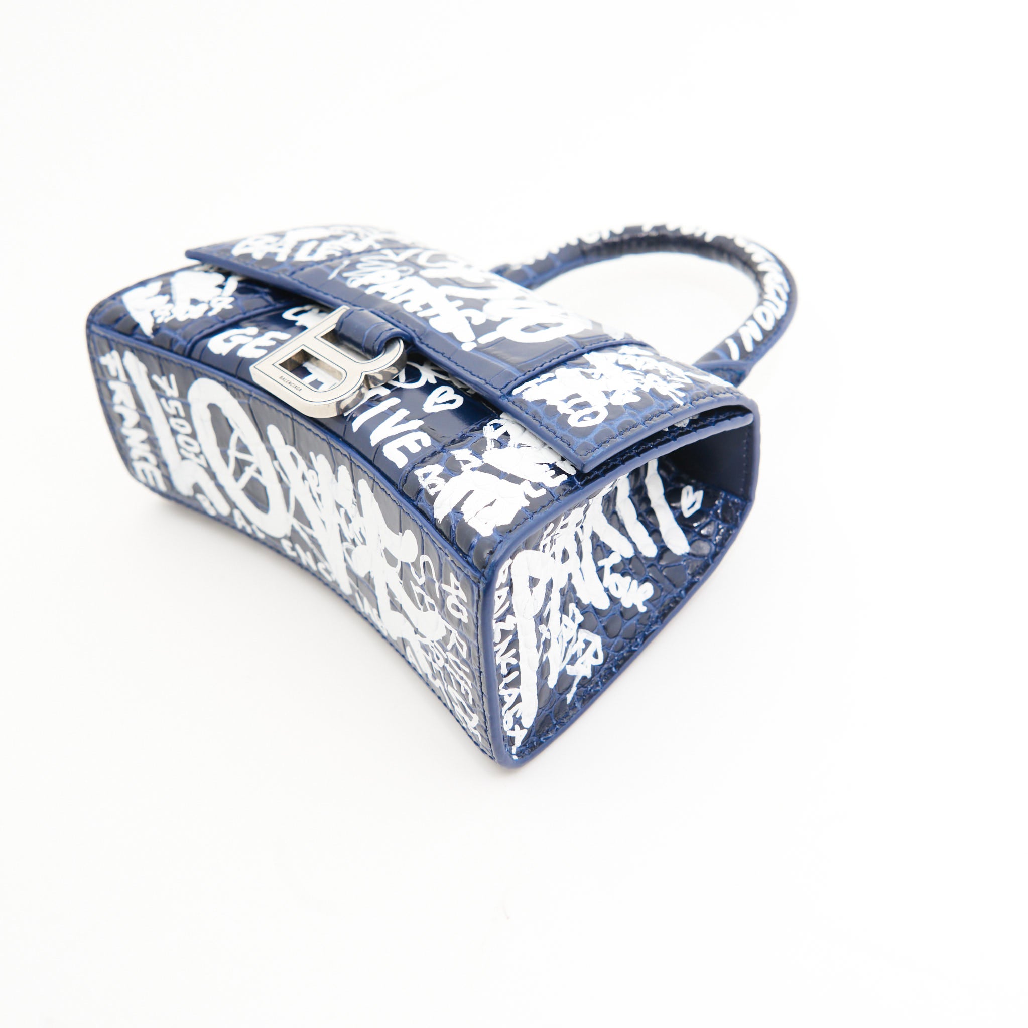 Balenciaga Croc Leather Hourglass in Navy Graffiti Print SHW