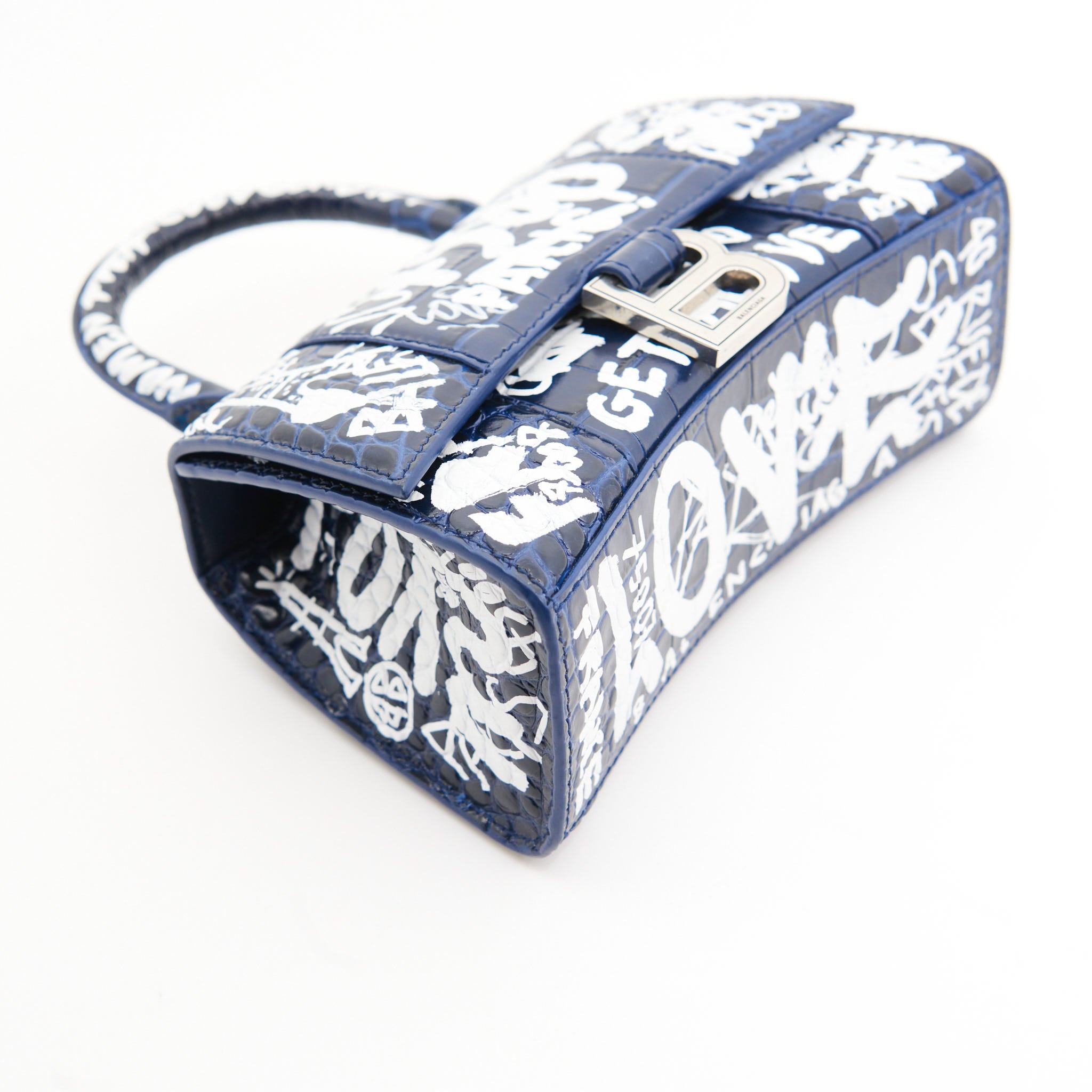 Balenciaga Croc Leather Hourglass in Navy Graffiti Print SHW