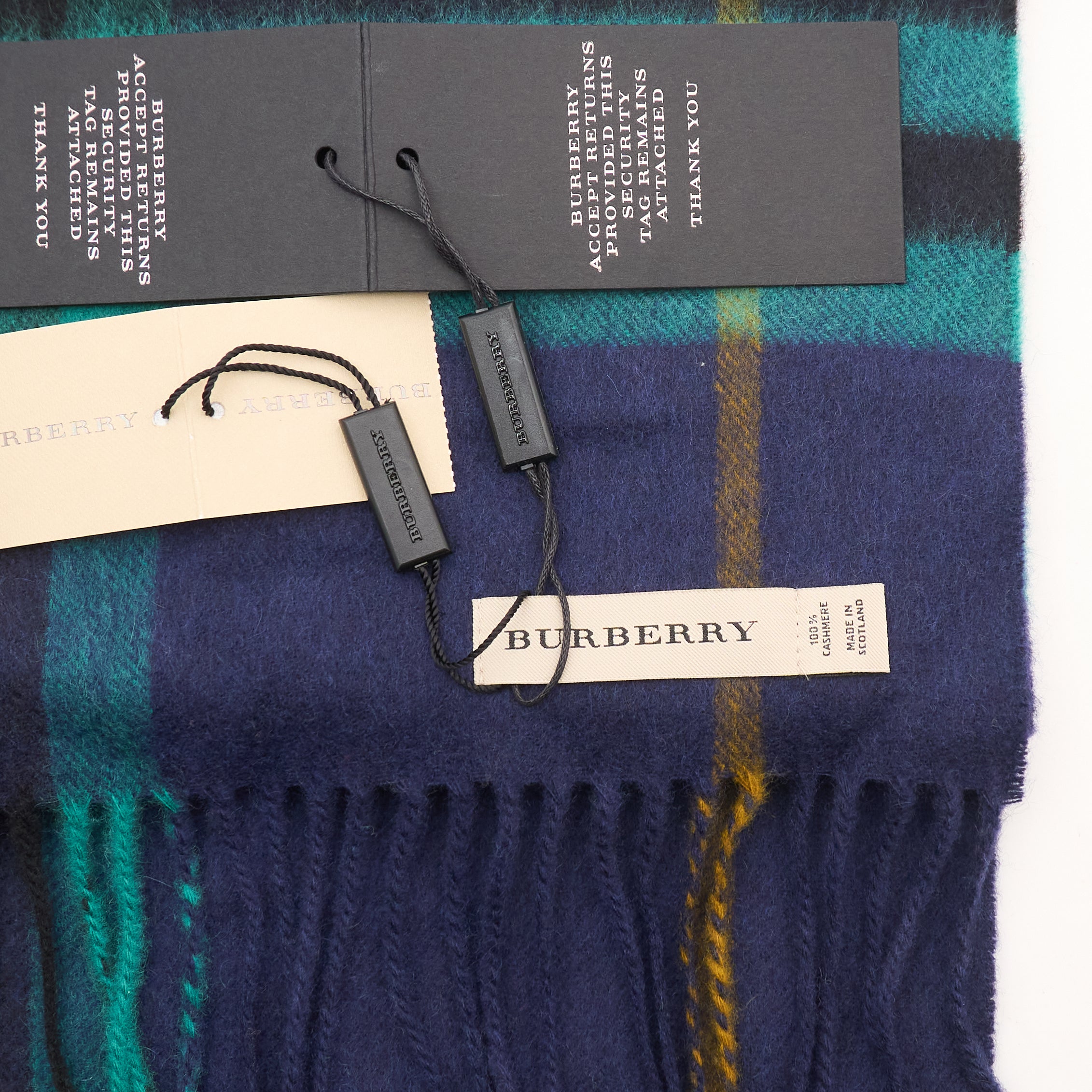 Burberry Check Cashmere Scarf Navy Green Gold