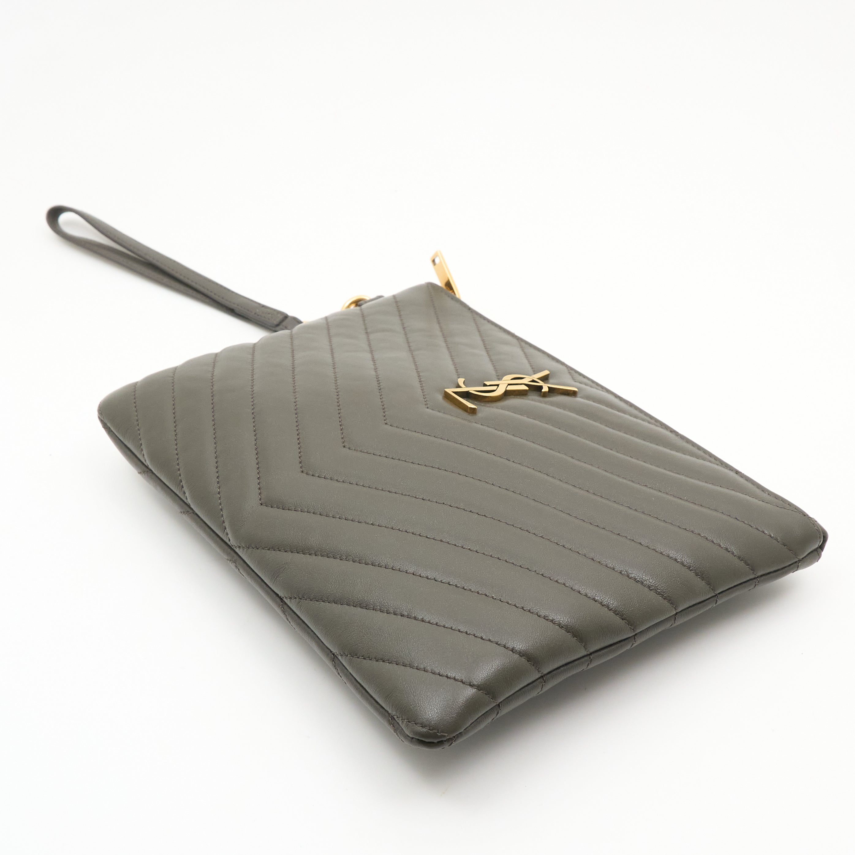 Saint Laurent Chevron Pouch In Olive Leather
