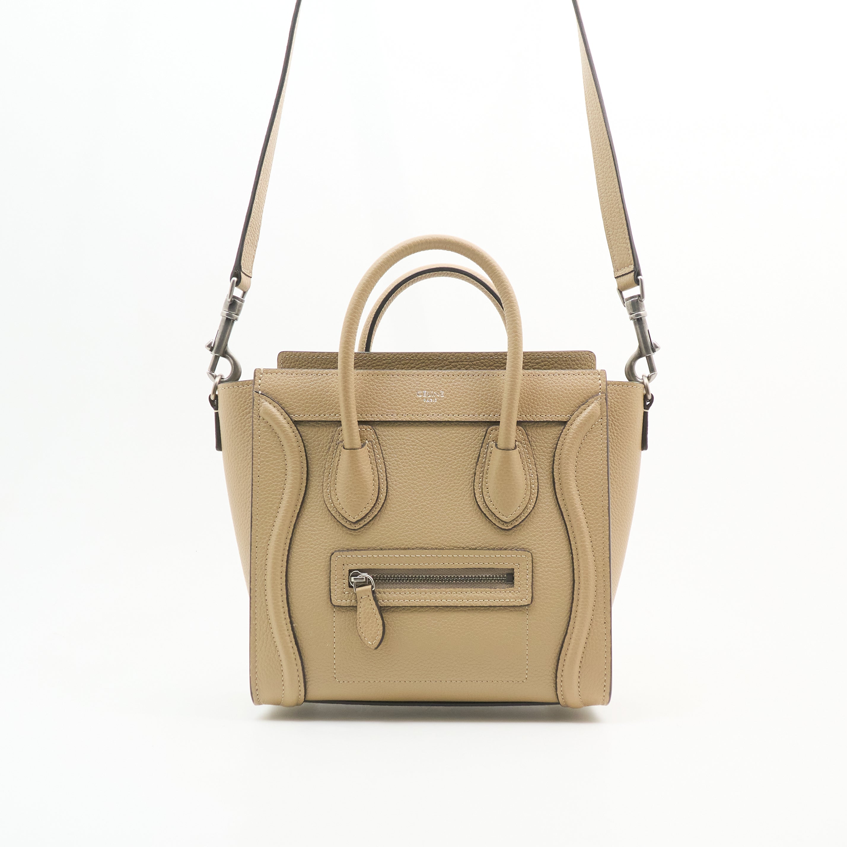 Celine Luggage Nano Handbag In Beige Drummed Calfskin Leather