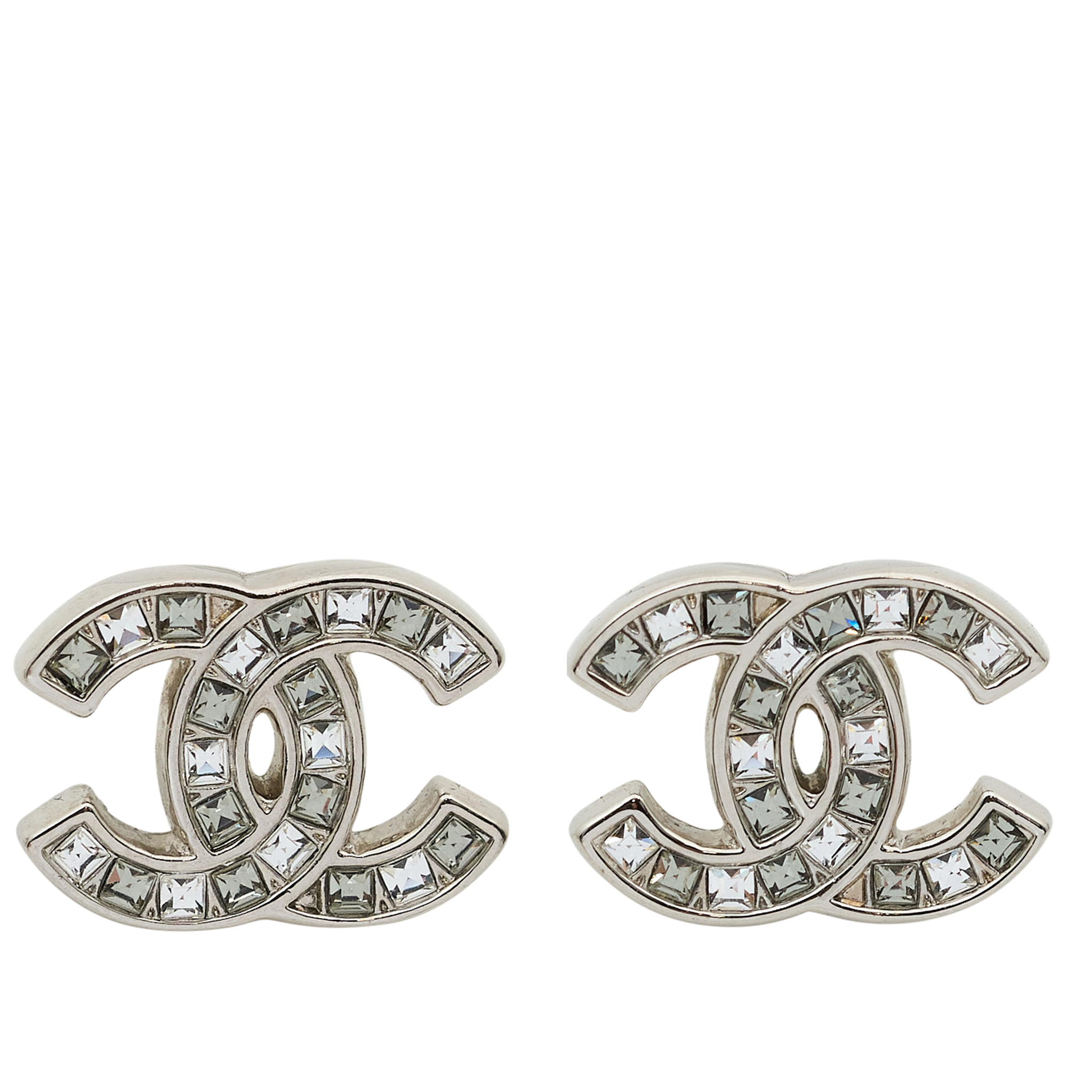 Chanel CC Crystal Stud Silver Earrings