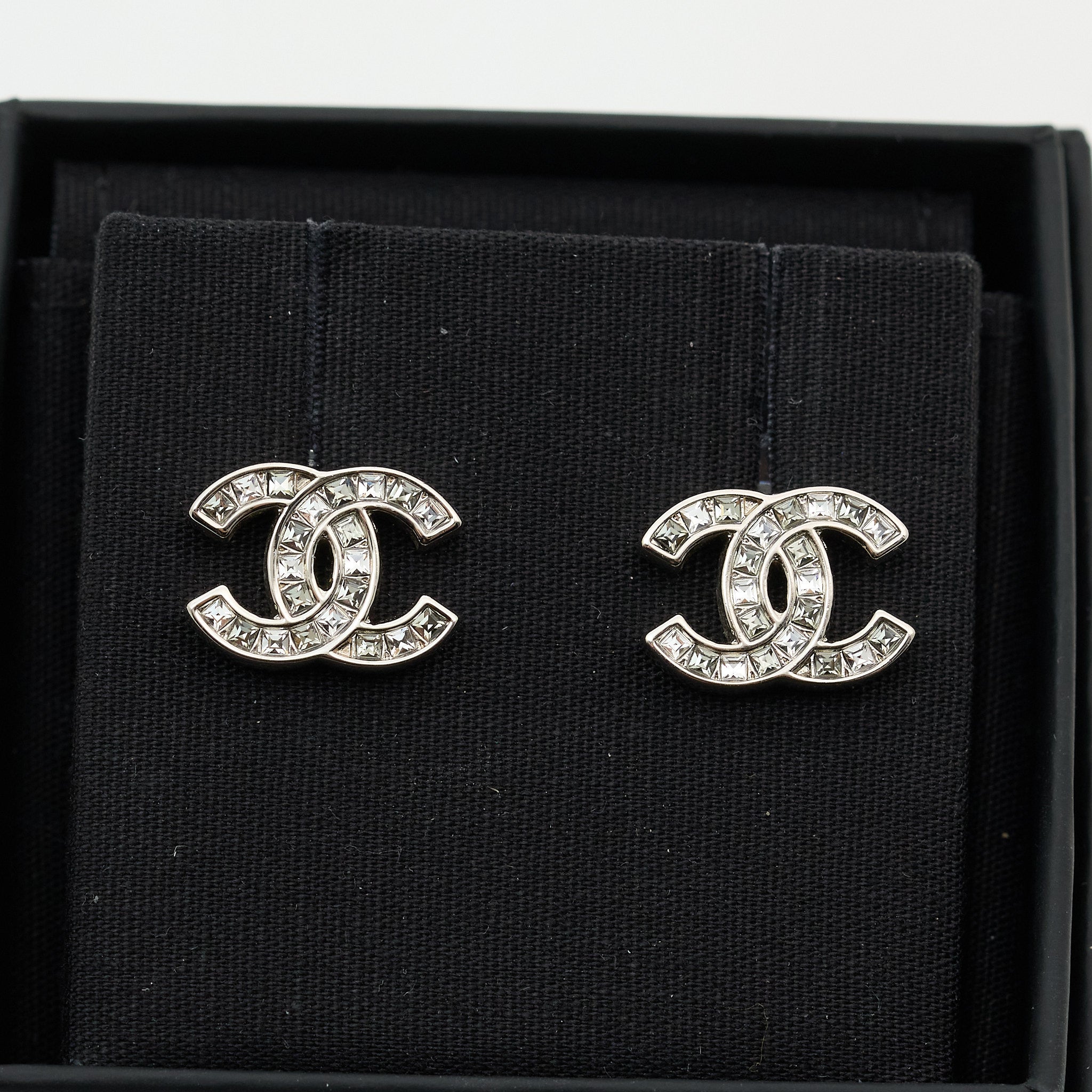 Chanel CC Crystal Stud Silver Earrings