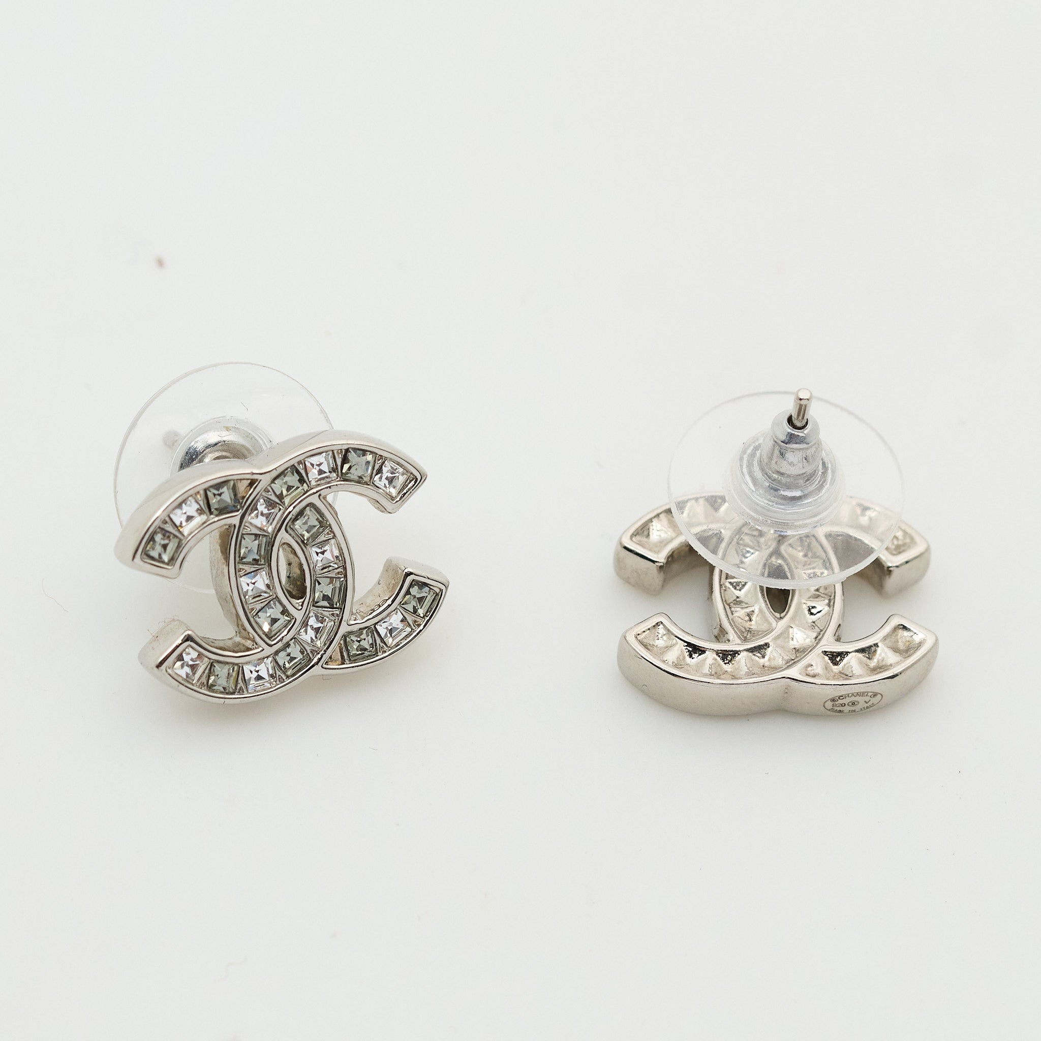 Chanel CC Crystal Stud Silver Earrings