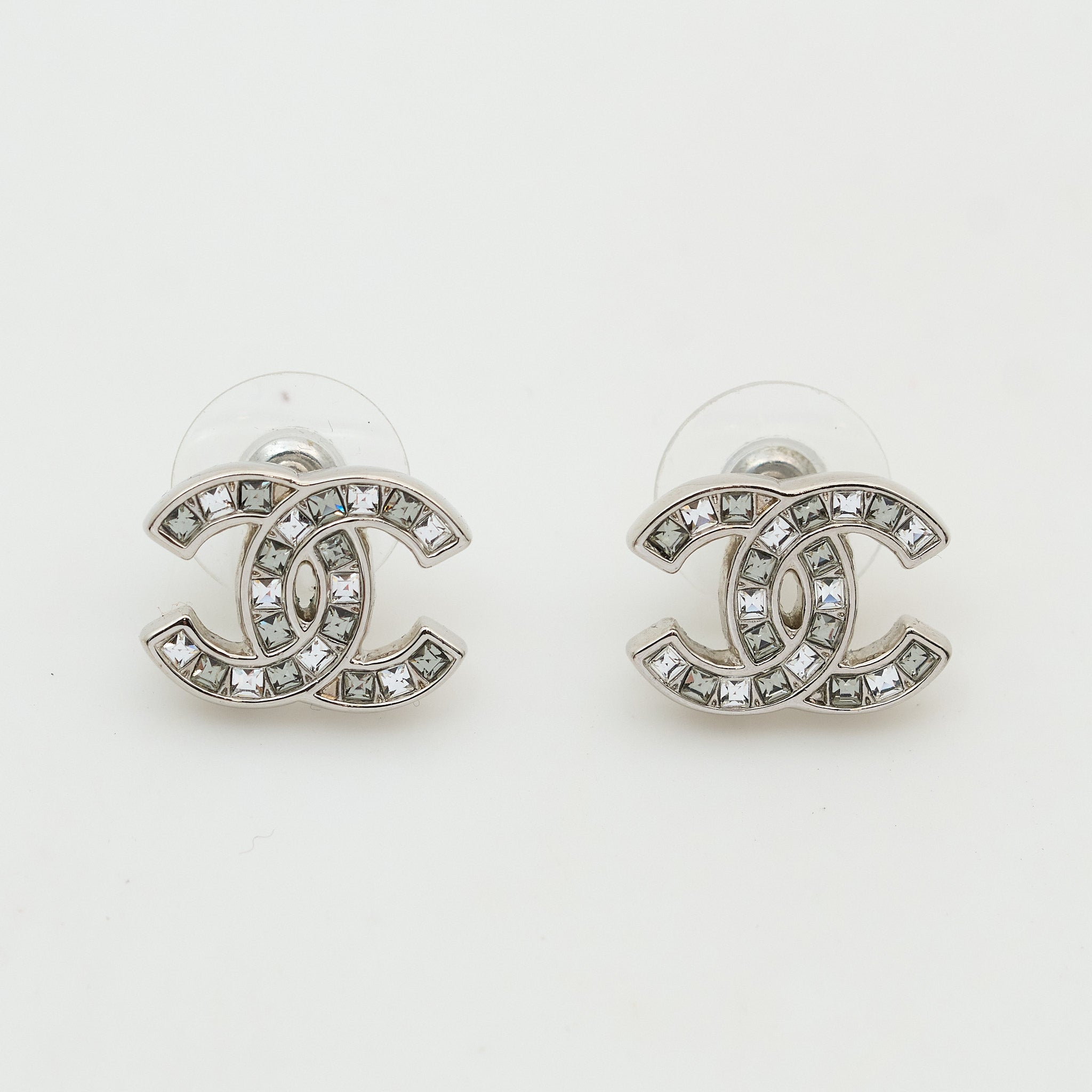 Chanel CC Crystal Stud Silver Earrings