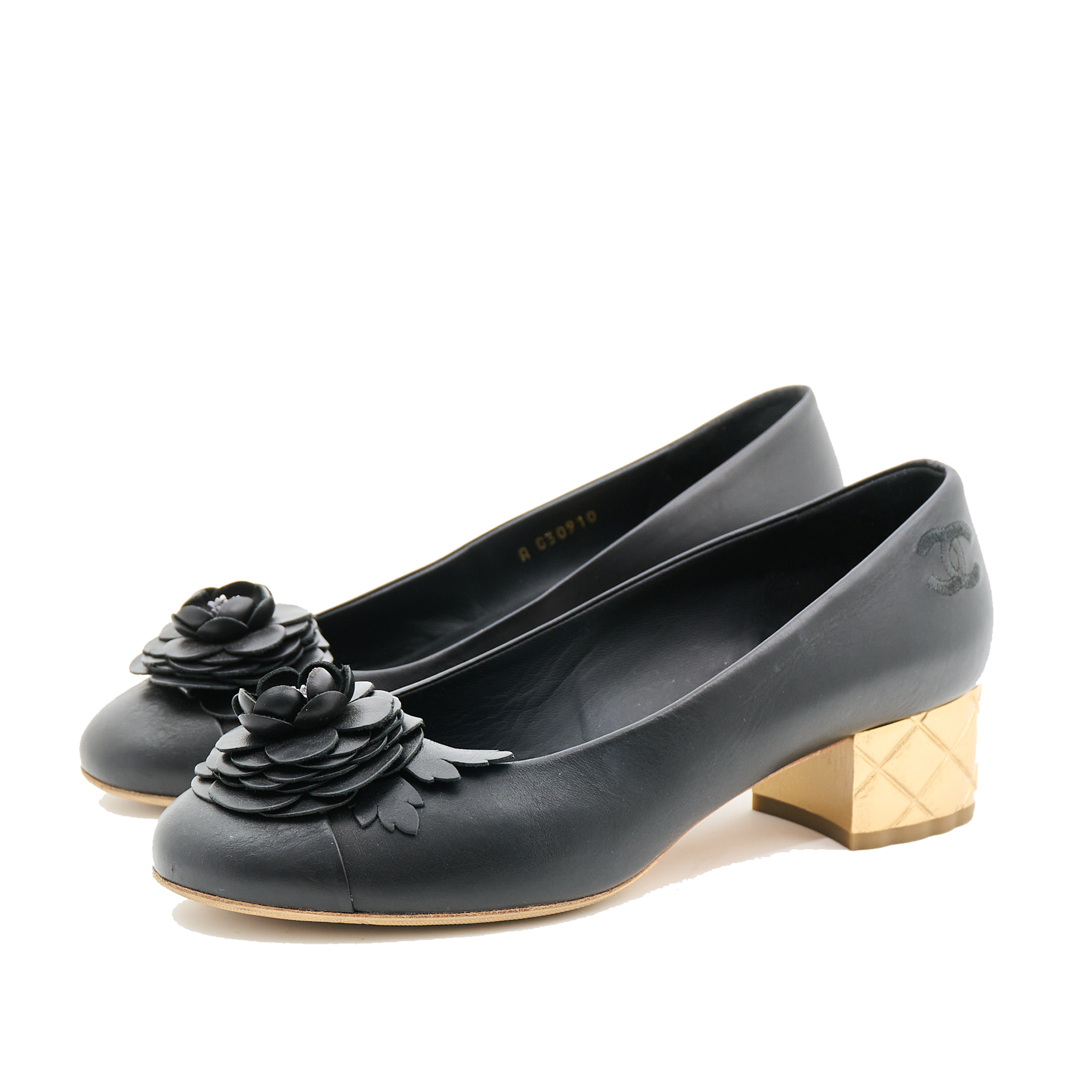 Chanel Camellia Black Calfskin Heels Size 38