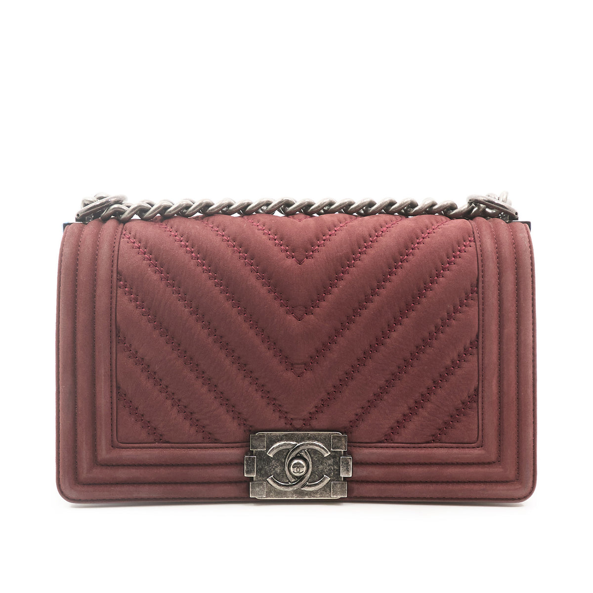 Chanel Medium Chevron Burdungy Nubuck Boy Bag SHW