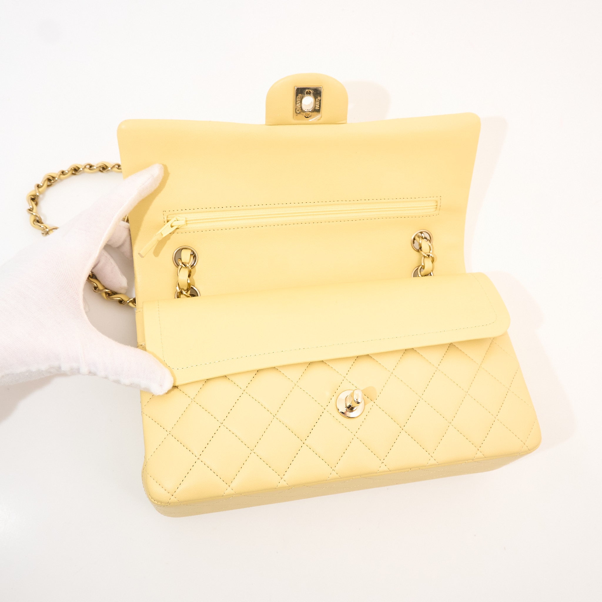Chanel Medium Classic Double Flap Bag Lambskin Yellow GHW