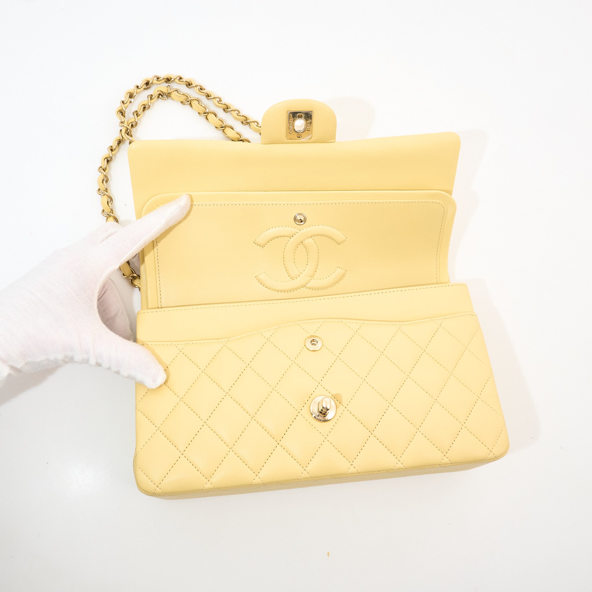 Chanel Medium Classic Double Flap Bag Lambskin Yellow GHW
