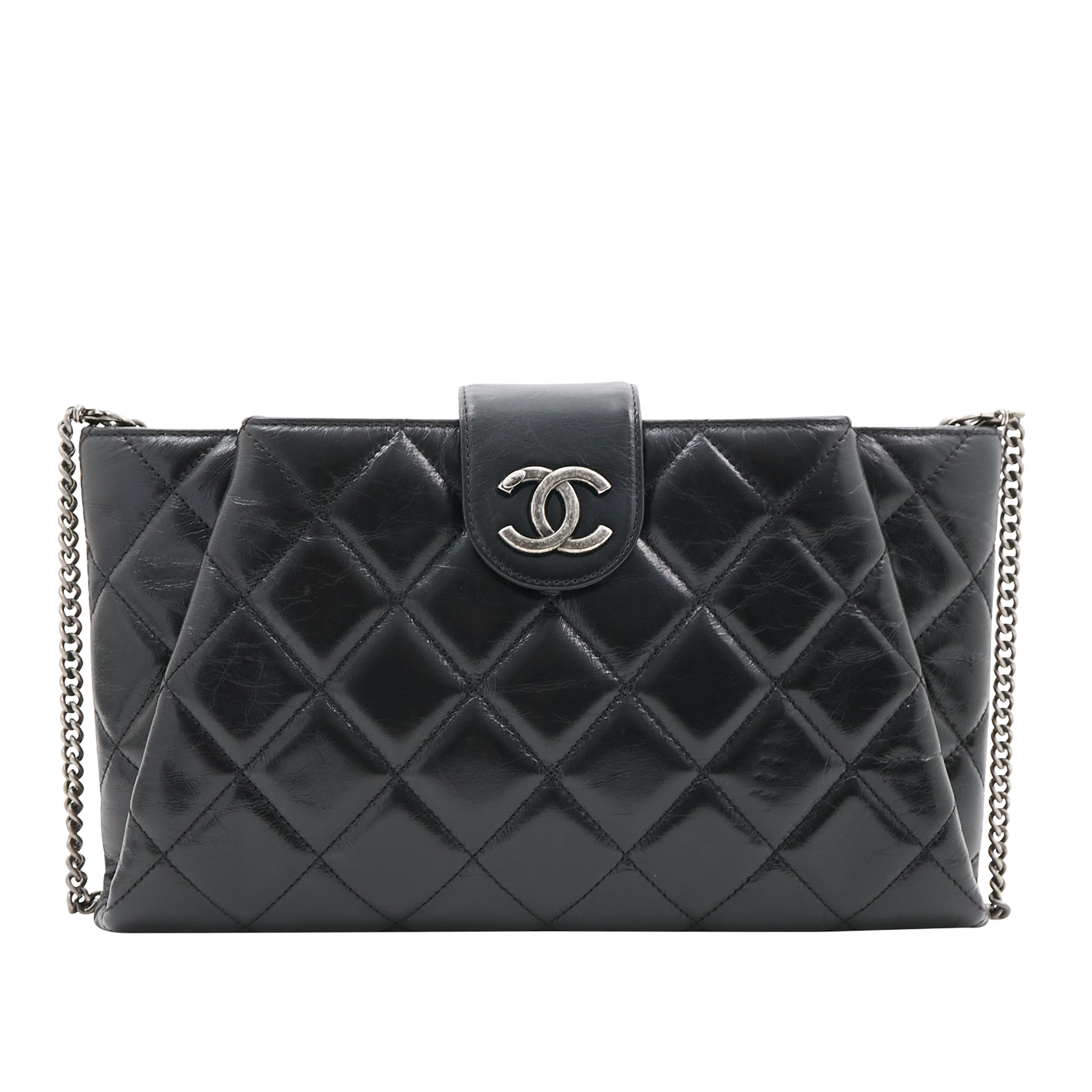 Chanel Black Aged Calfskin Quilted Zip Clutch With Chain