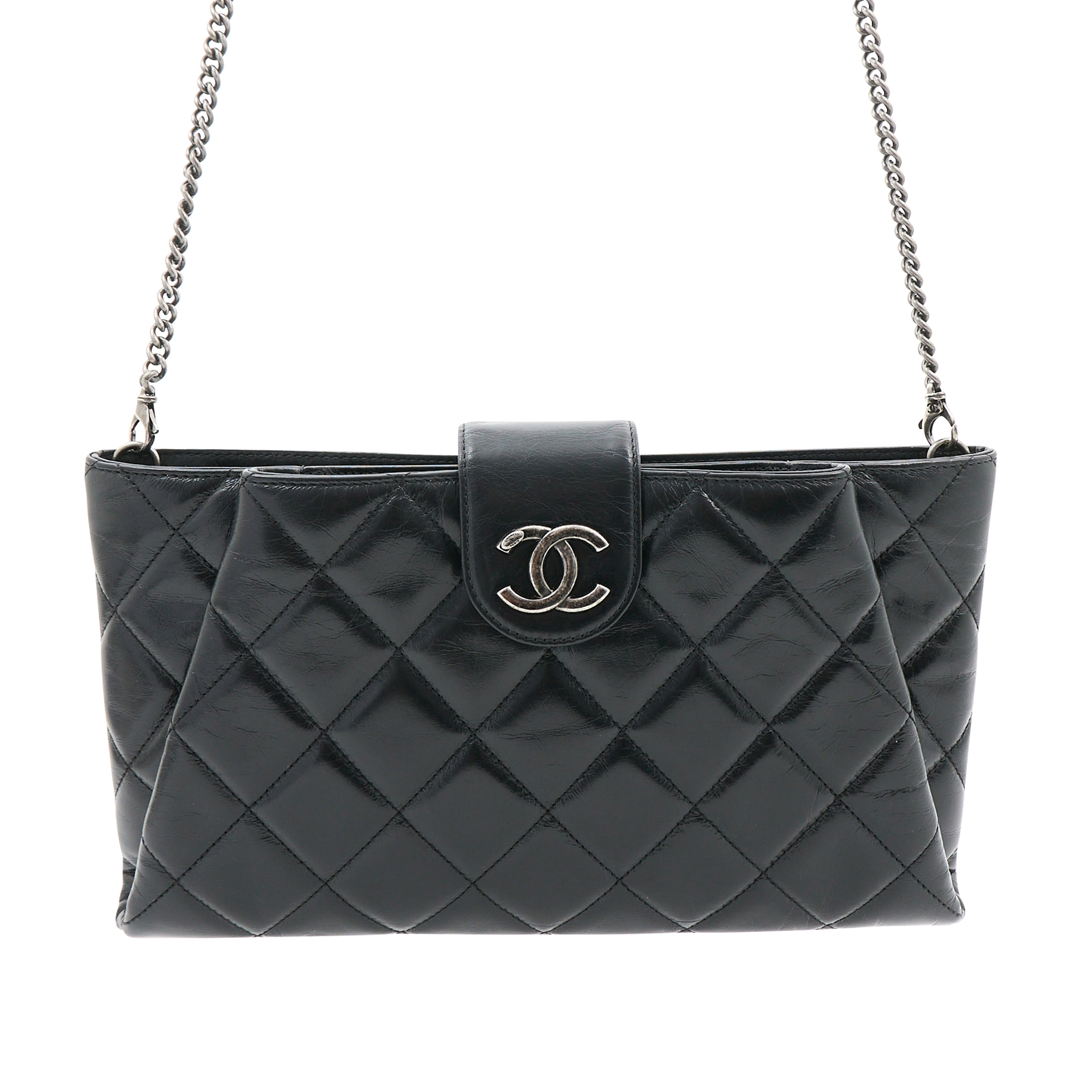 Chanel Black Aged Calfskin Quilted Zip Clutch With Chain