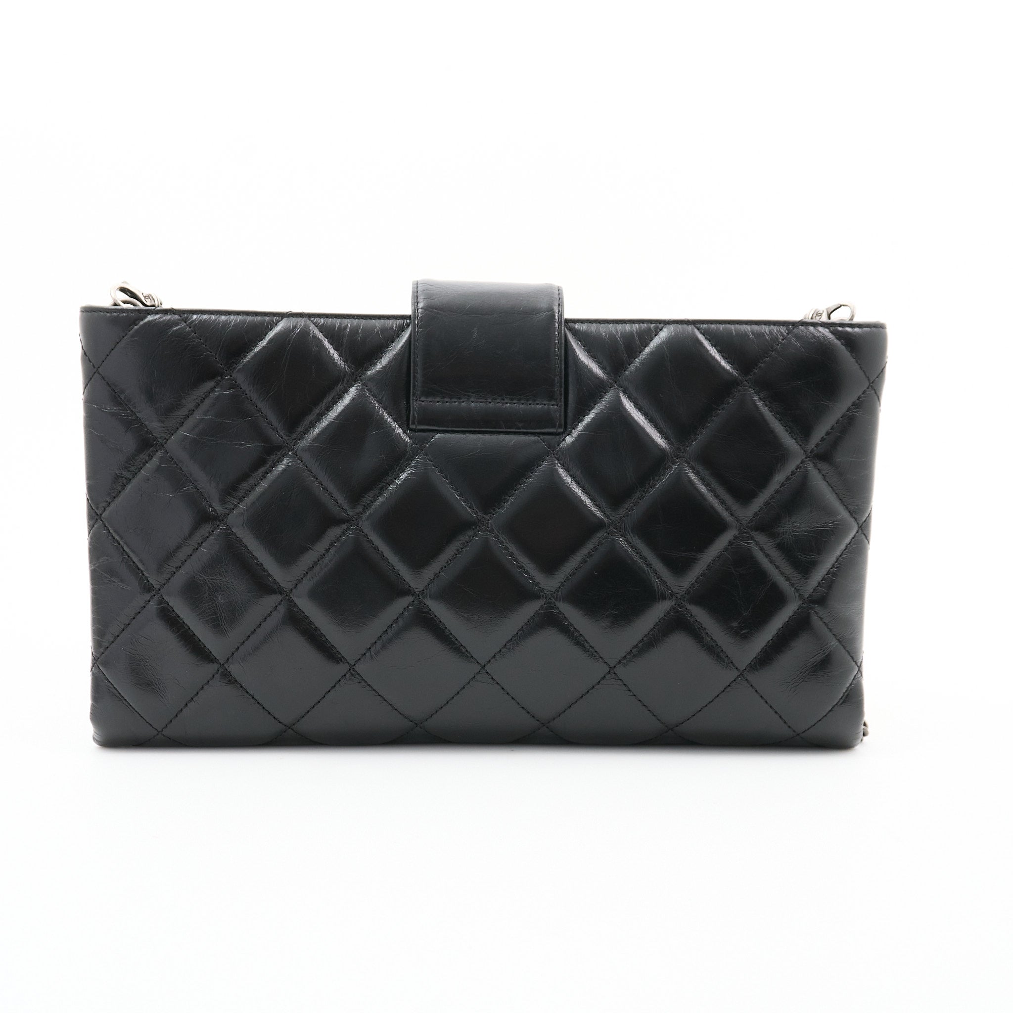 Chanel Black Aged Calfskin Quilted Zip Clutch With Chain