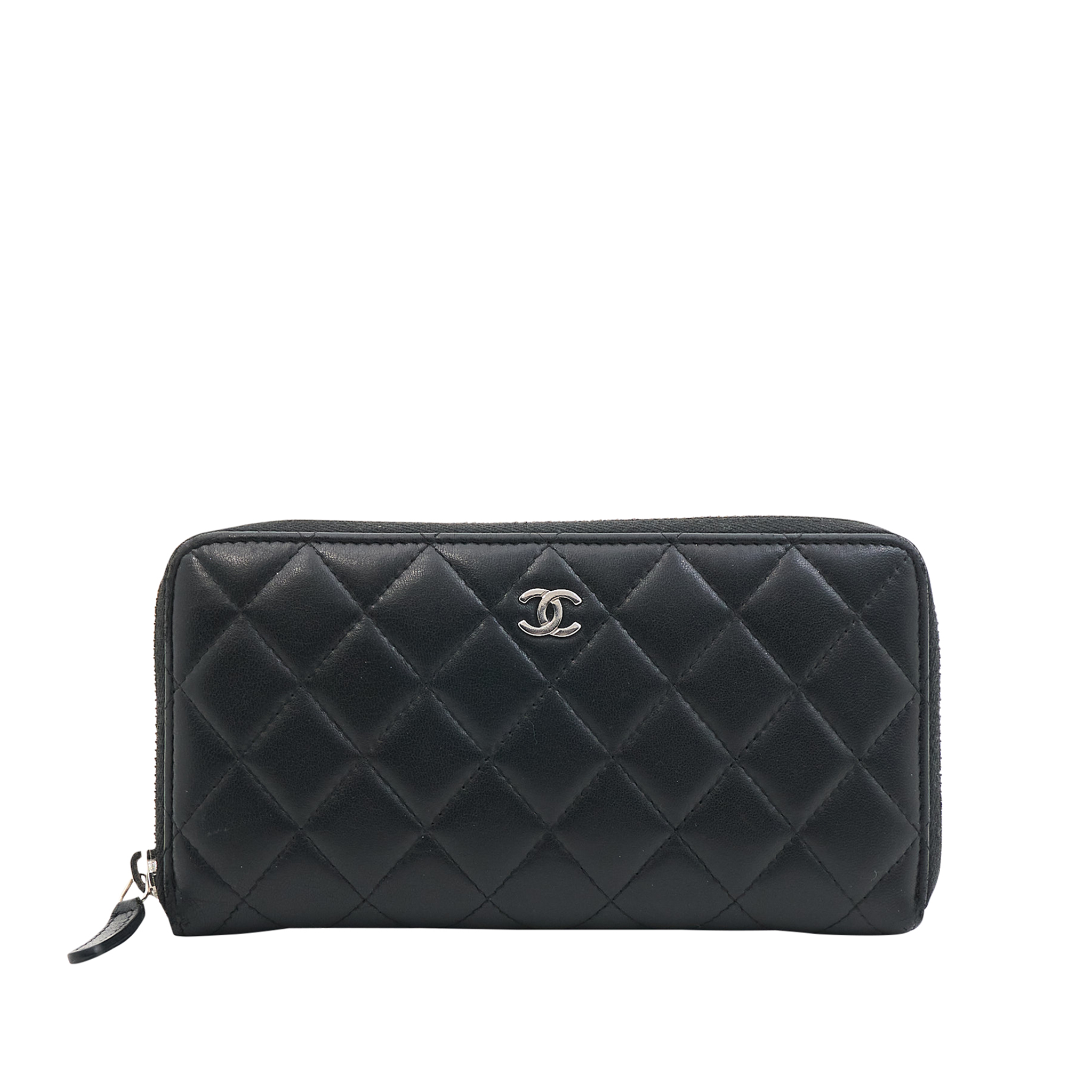 Chanel Quilted Black Lambskin Zip Around Wallet SHW