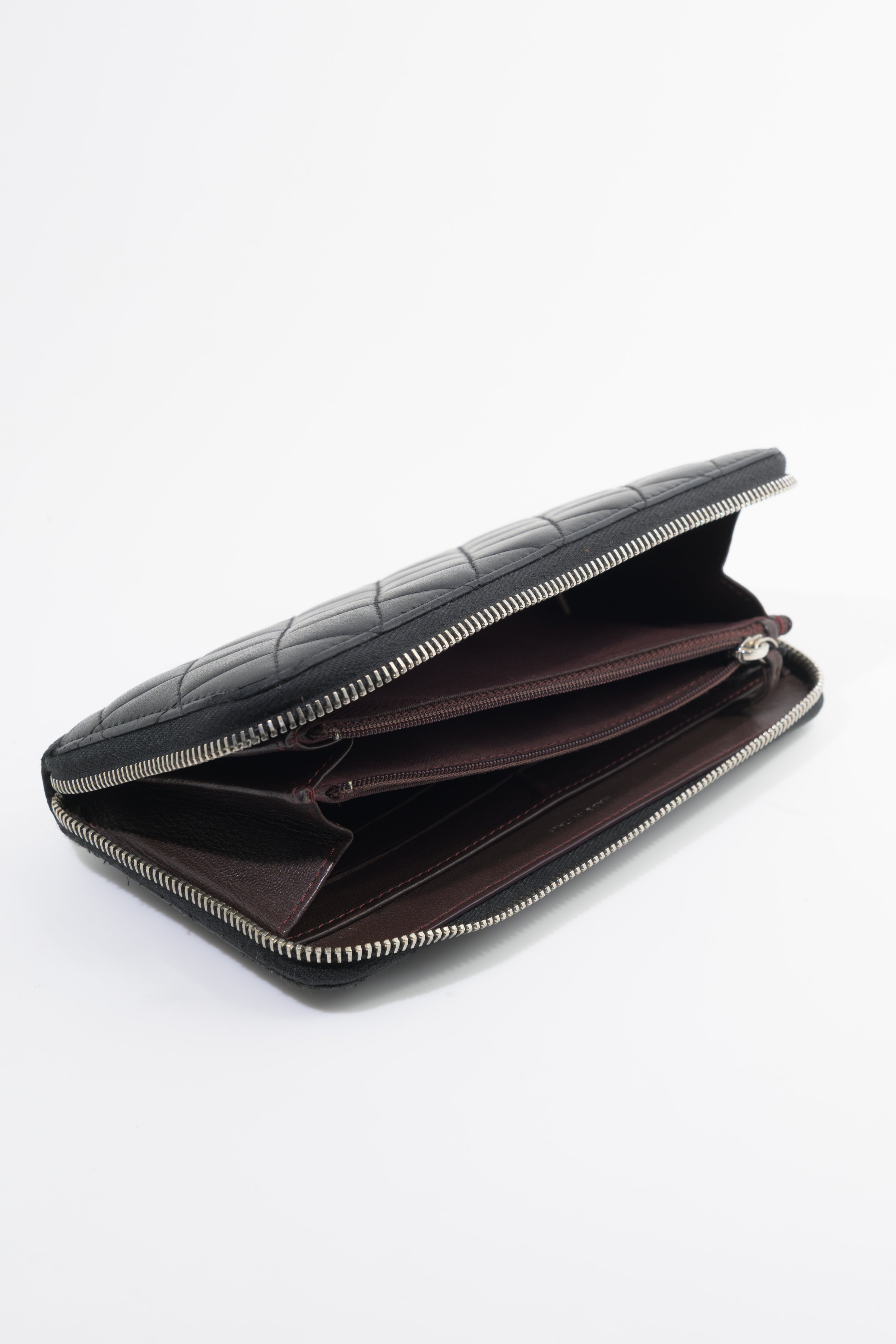 Chanel Quilted Black Lambskin Zip Around Wallet SHW