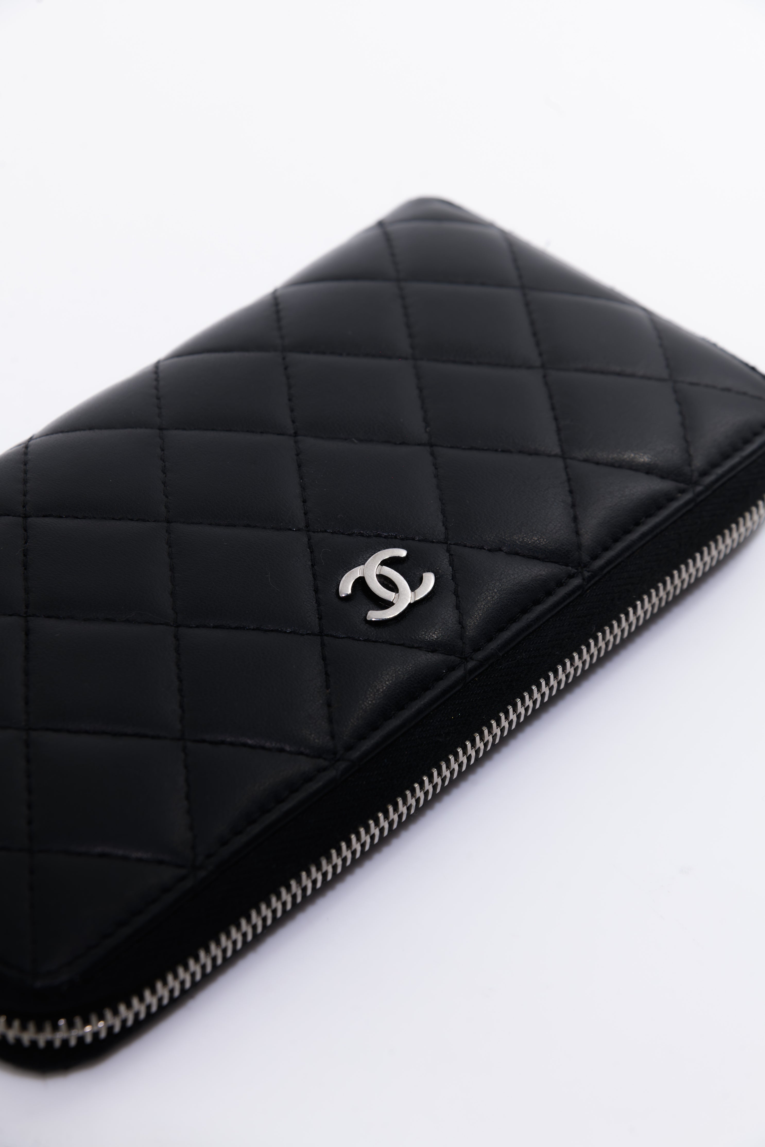 Chanel Quilted Black Lambskin Zip Around Wallet SHW