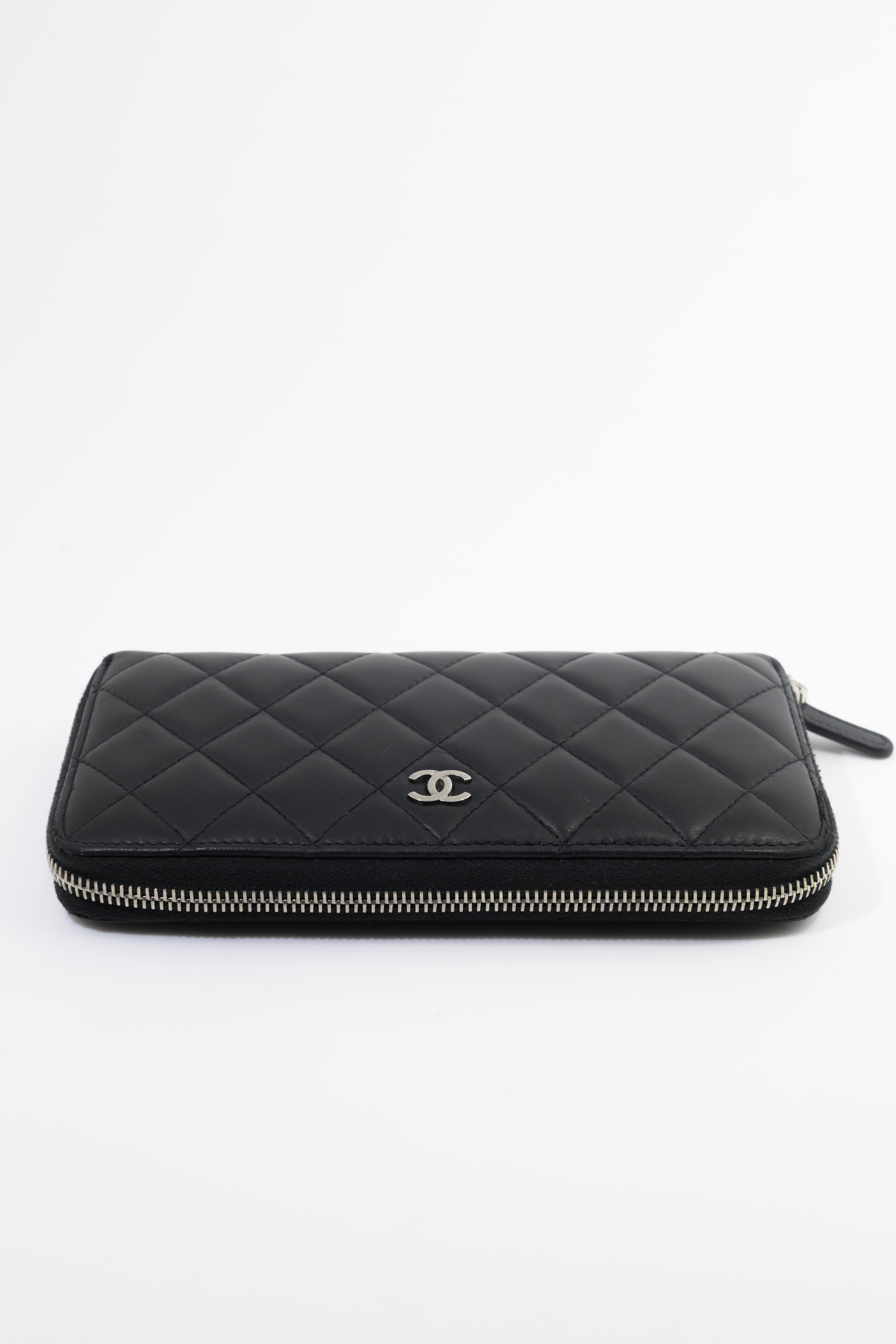 Chanel Quilted Black Lambskin Zip Around Wallet SHW