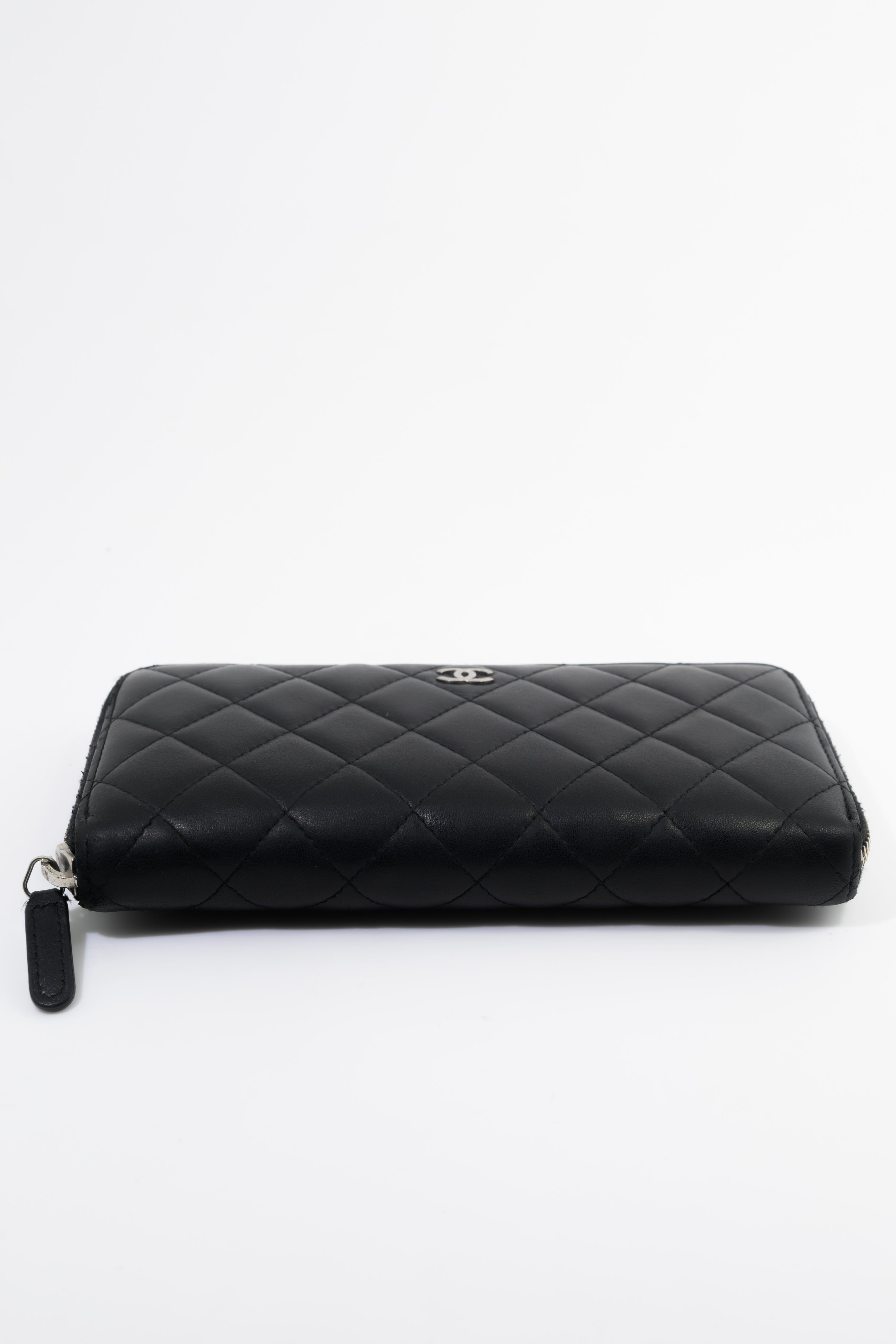 Chanel Quilted Black Lambskin Zip Around Wallet SHW