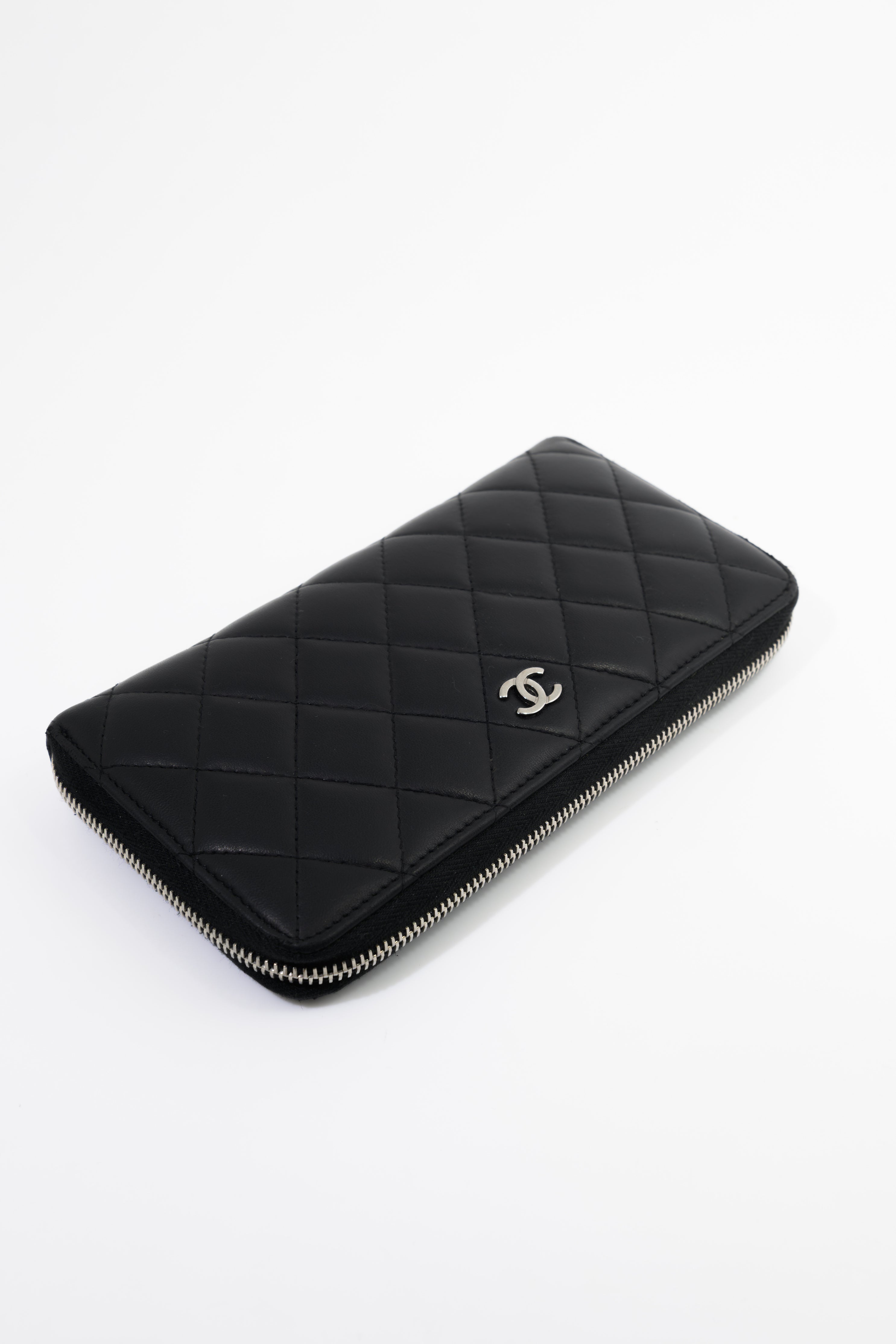 Chanel Quilted Black Lambskin Zip Around Wallet SHW