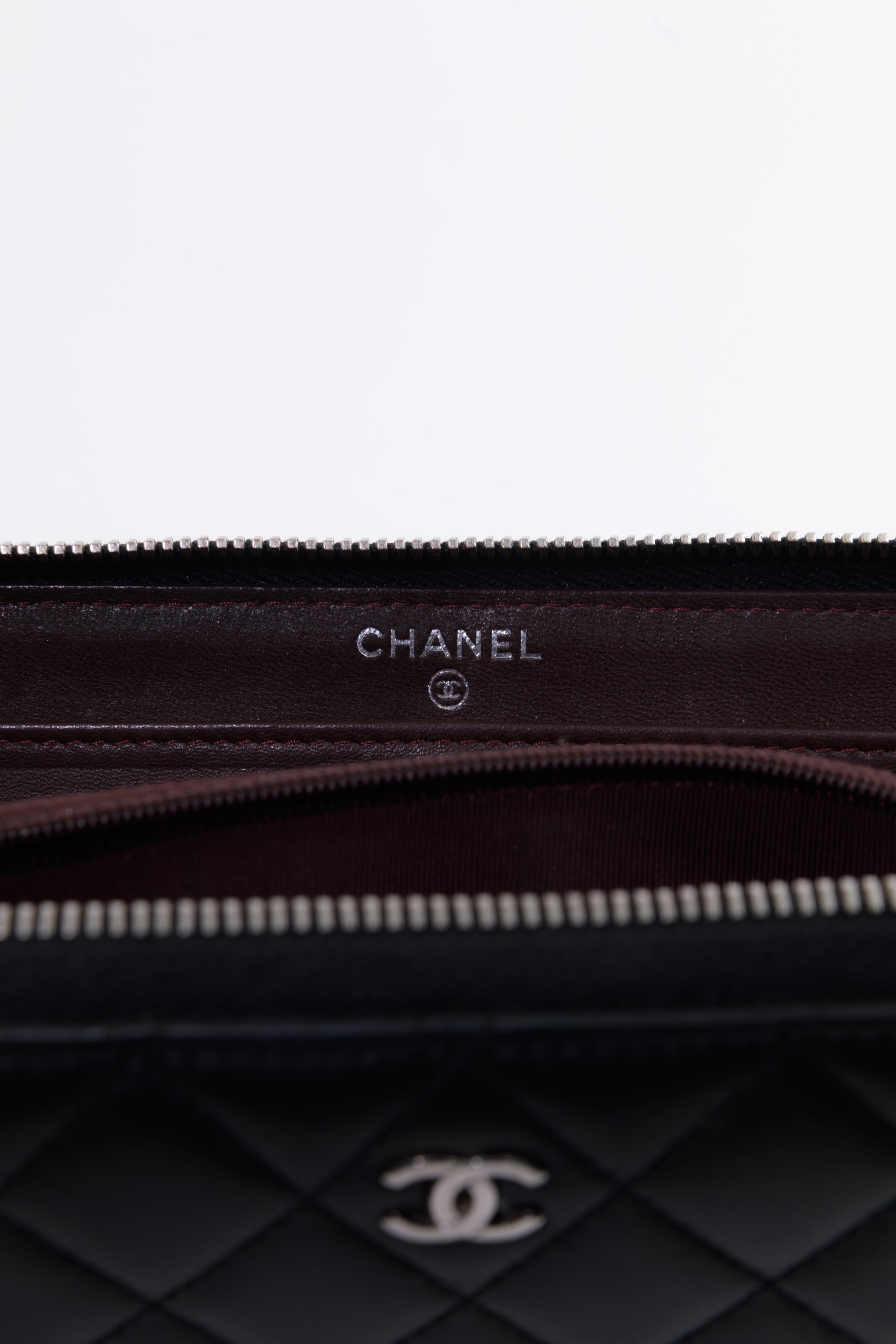 Chanel Quilted Black Lambskin Zip Around Wallet SHW