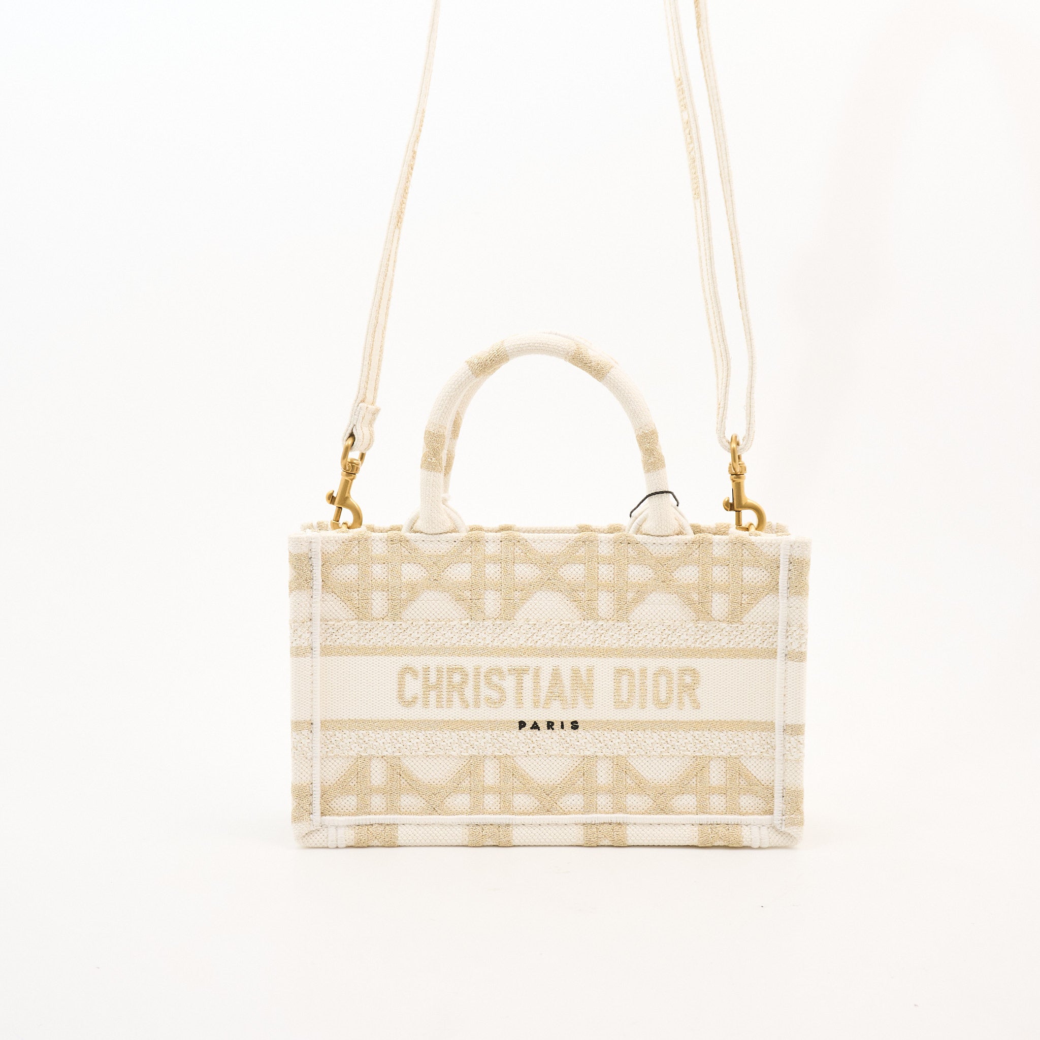Christian Dior Mini Book Tote Gold & White Dior Oblique Embroidery