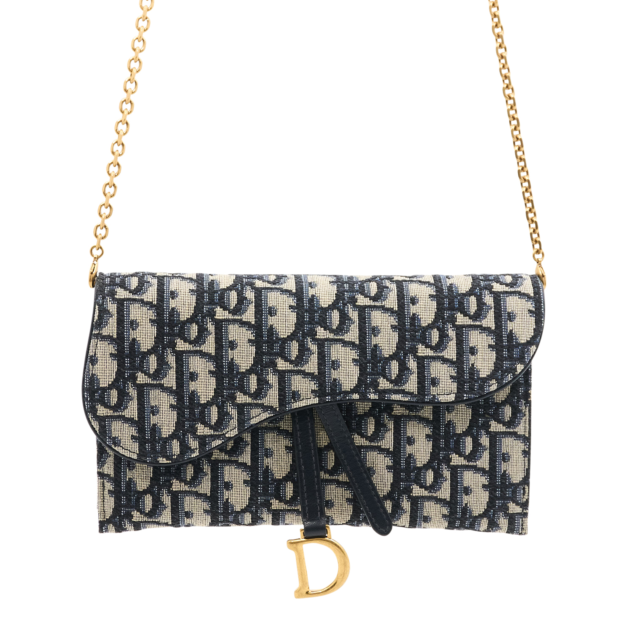 Dior Saddle Wallet On Chain in Blue Dior Oblique Jacquard