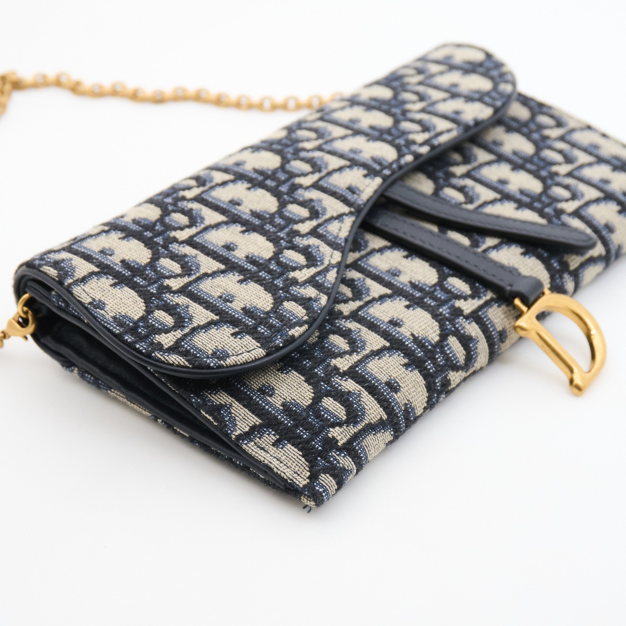 Dior Saddle Wallet On Chain in Blue Dior Oblique Jacquard