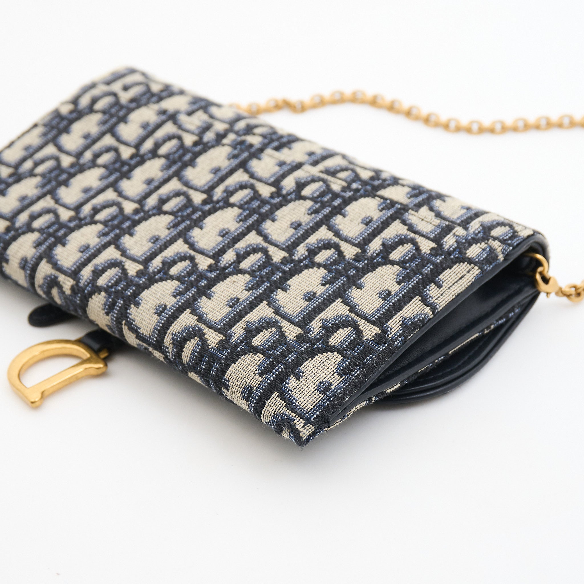 Dior Saddle Wallet On Chain in Blue Dior Oblique Jacquard