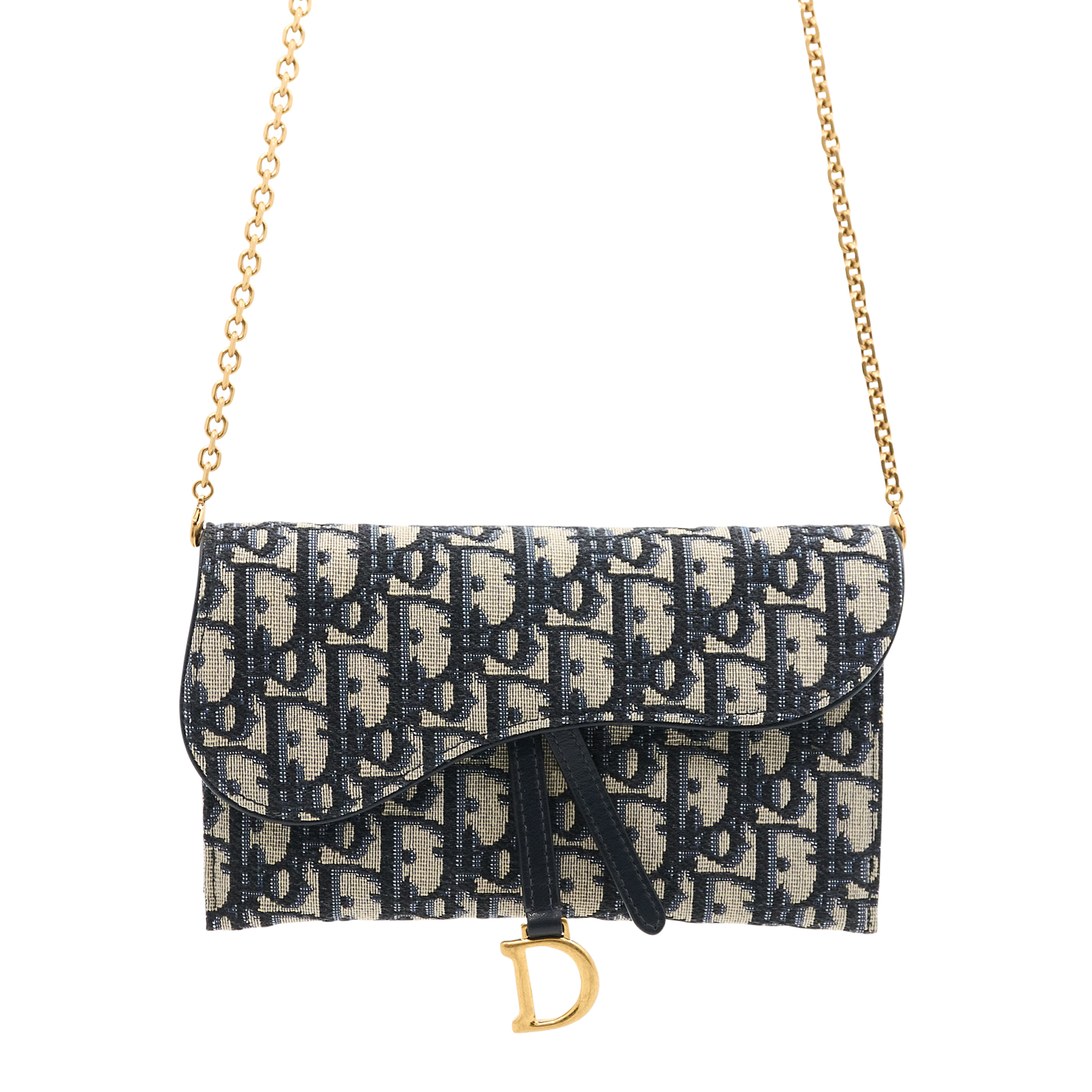 Dior Saddle Wallet On Chain in Blue Dior Oblique Jacquard