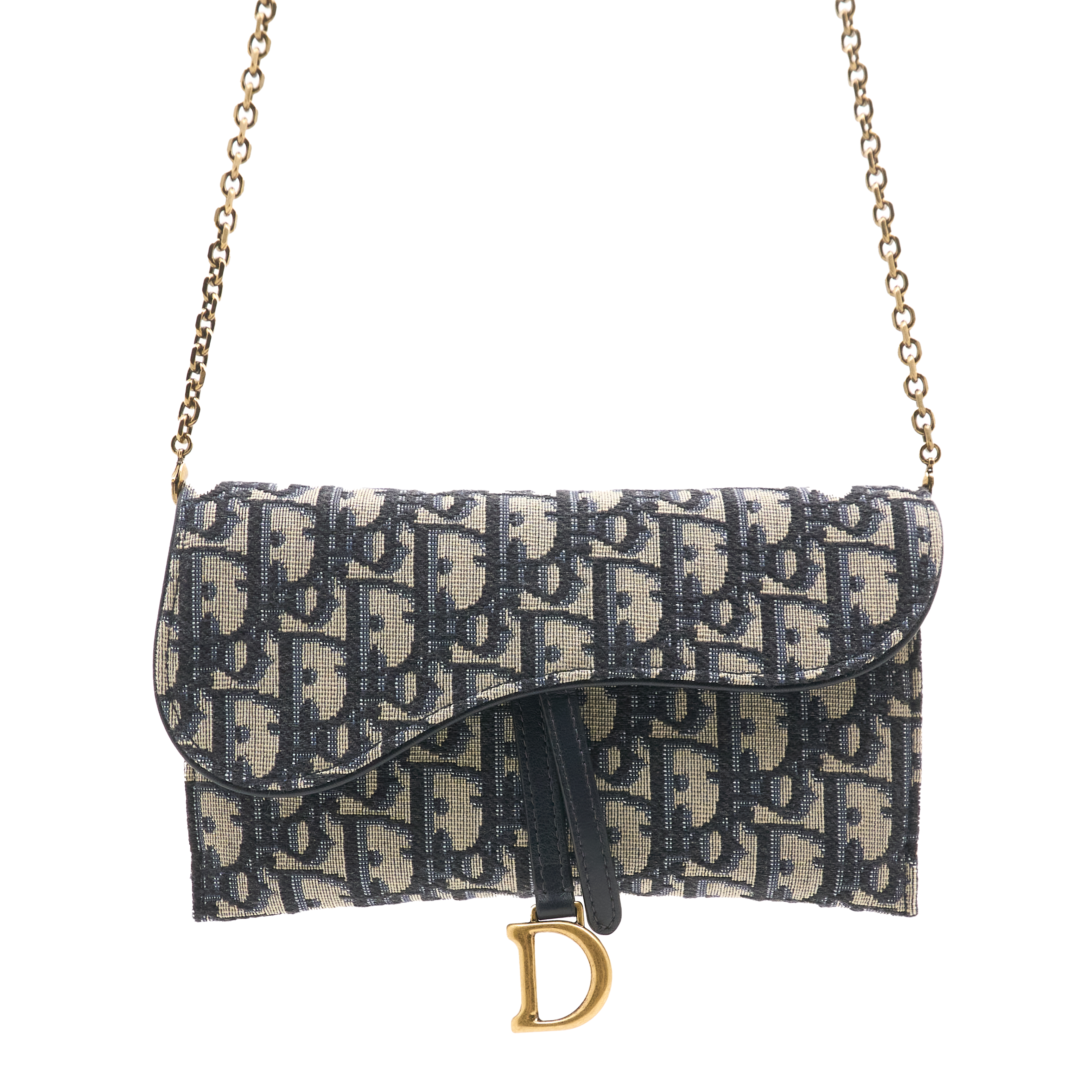 Dior Small Saddle Pouch with Chain in Blue Oblique
