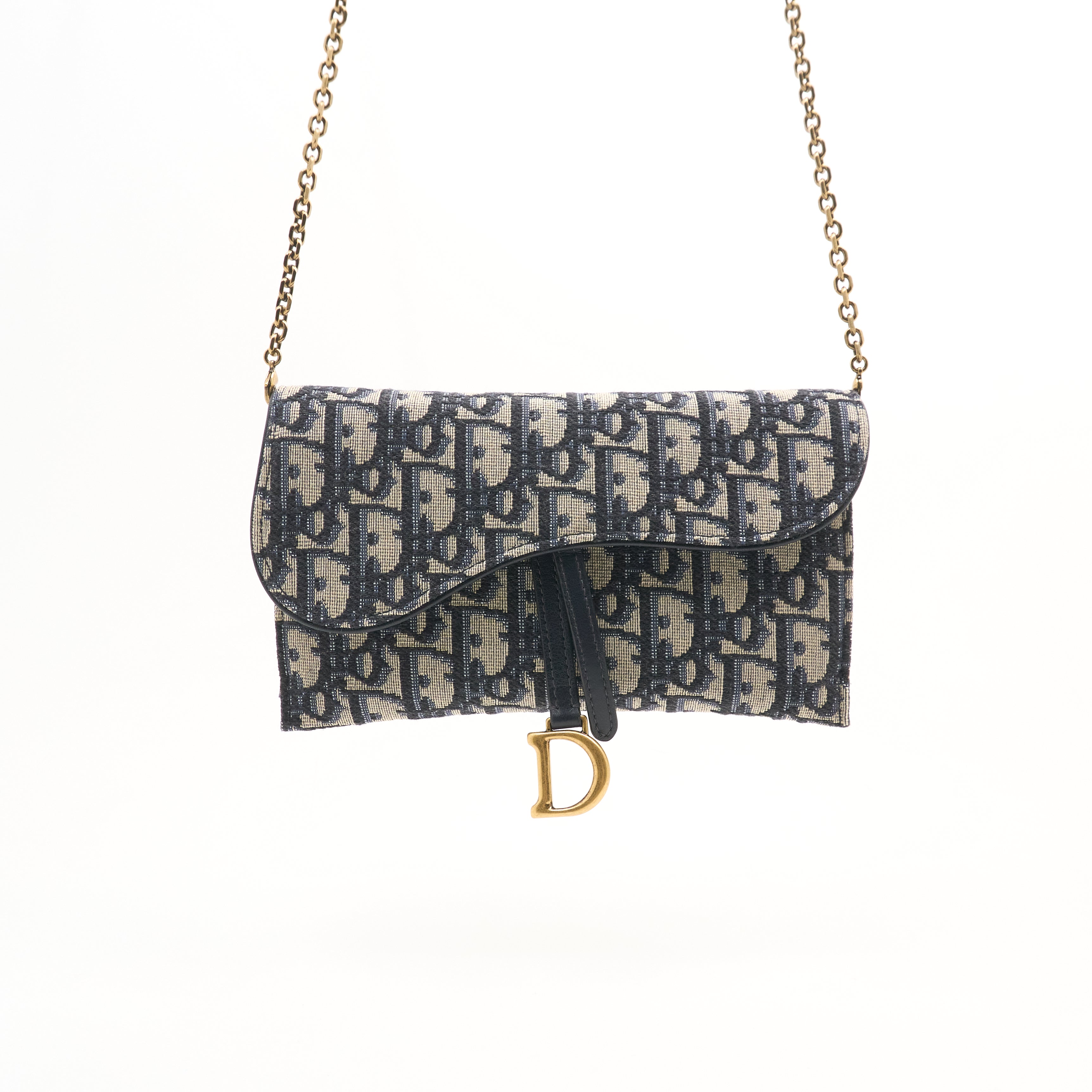 Dior Small Saddle Pouch with Chain in Blue Oblique