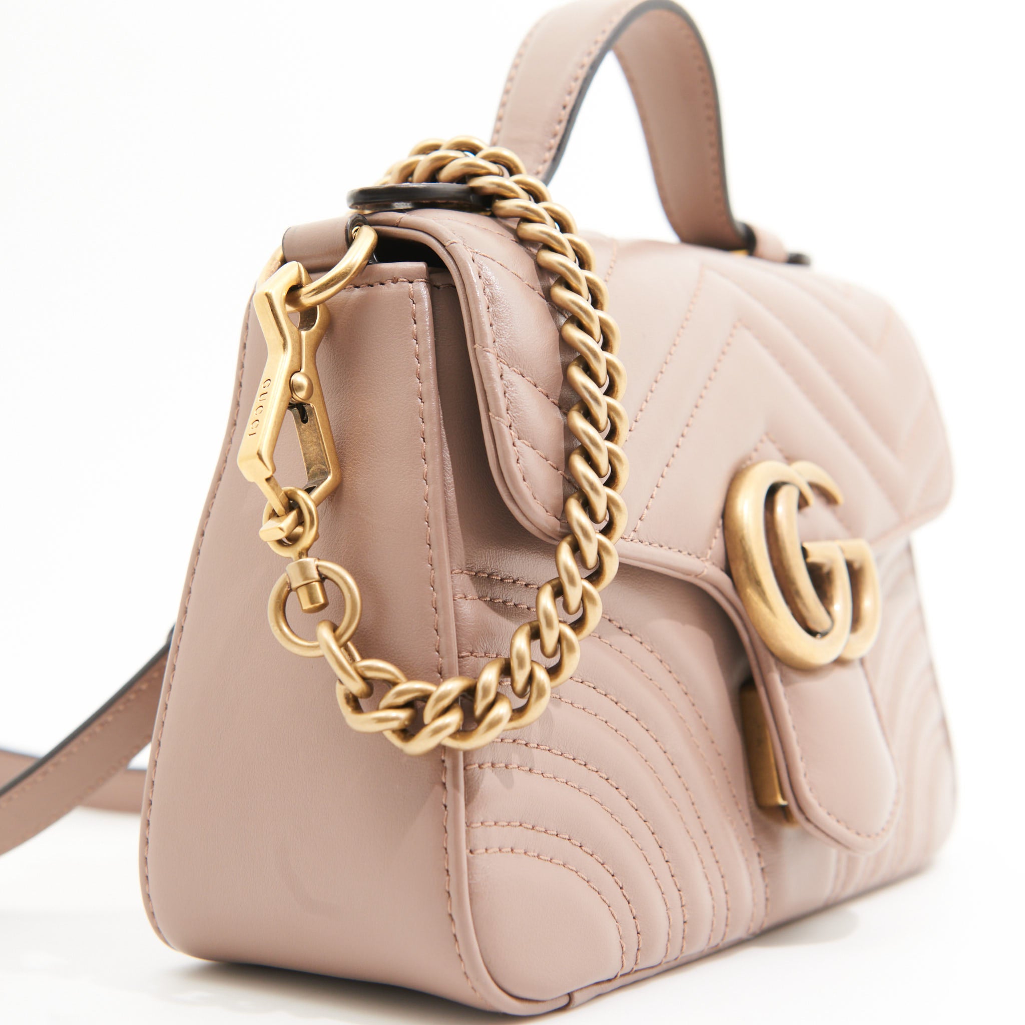 Gucci Leather Marmont GG Top Handle in Beige GHW