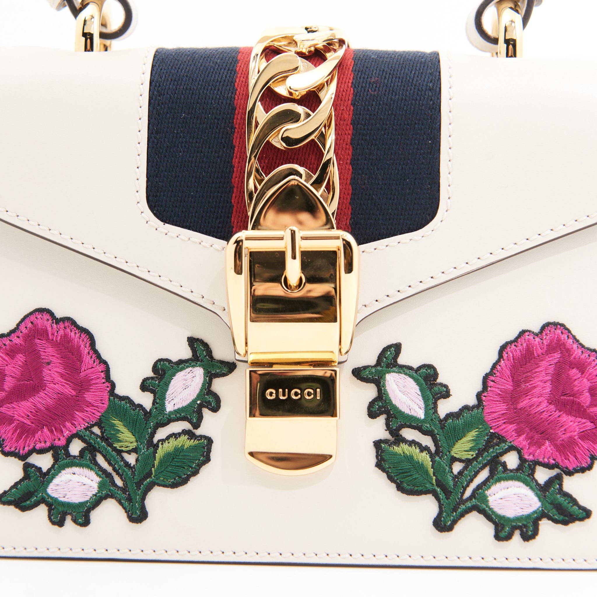 Gucci Leather Sylvie Small Floral Embroidered Handbag in White GHW