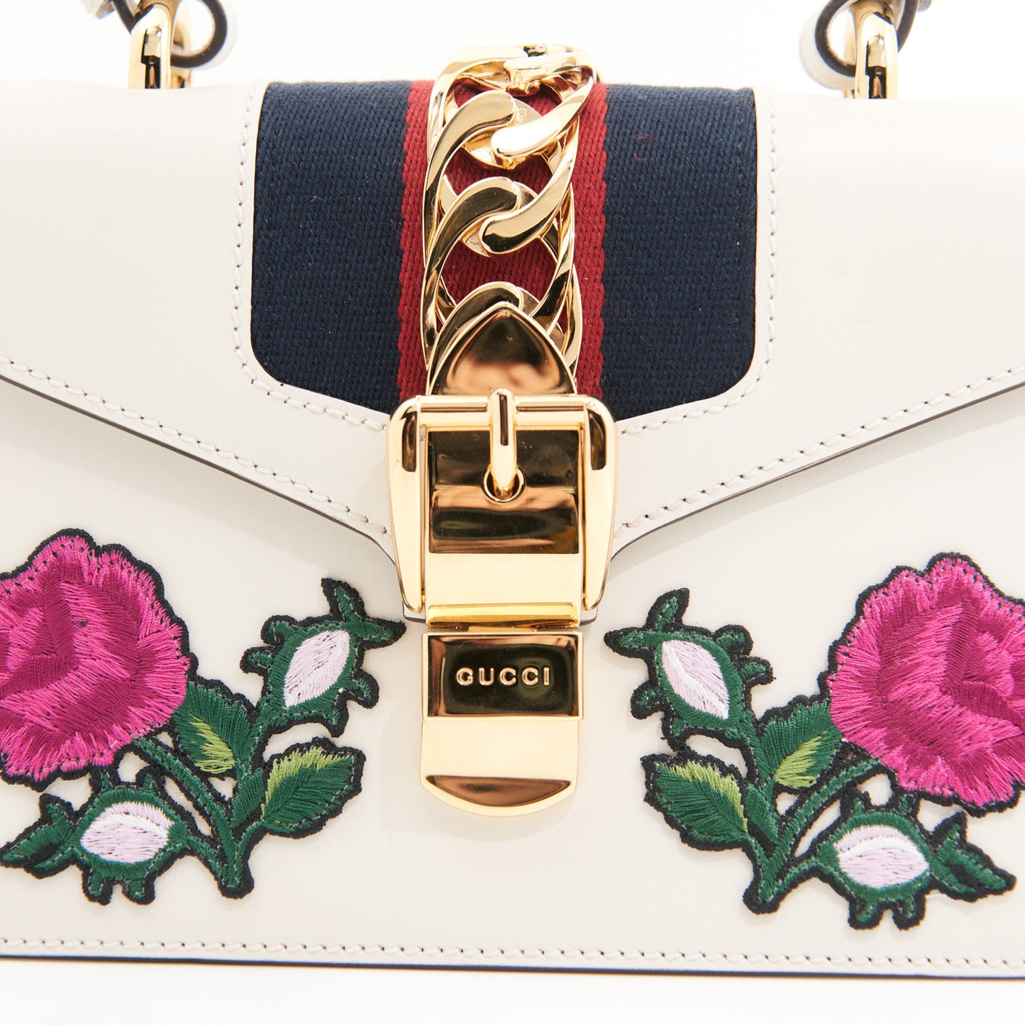 Gucci Leather Sylvie Small Floral Embroidered Handbag in White GHW