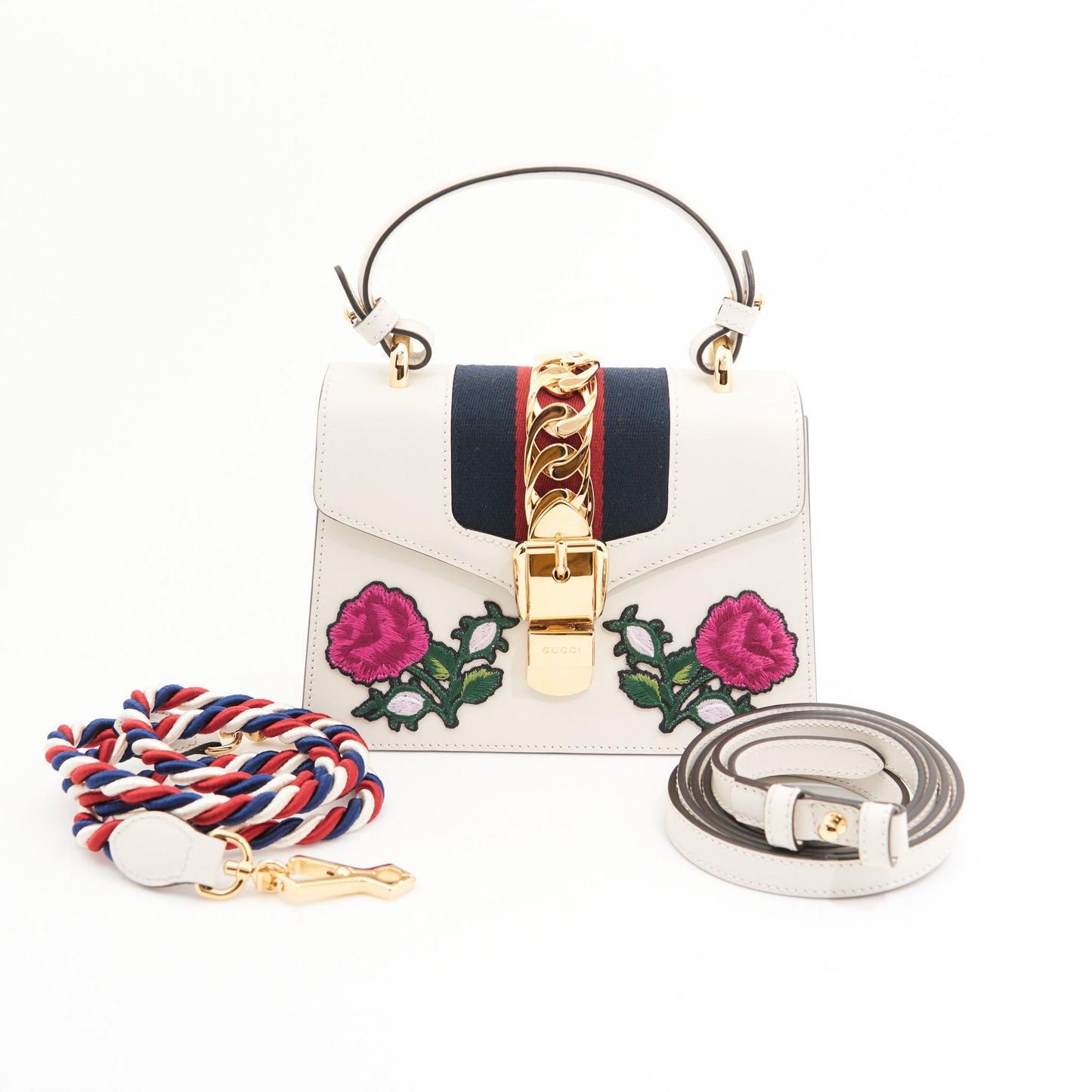 Gucci Leather Sylvie Small Floral Embroidered Handbag in White GHW