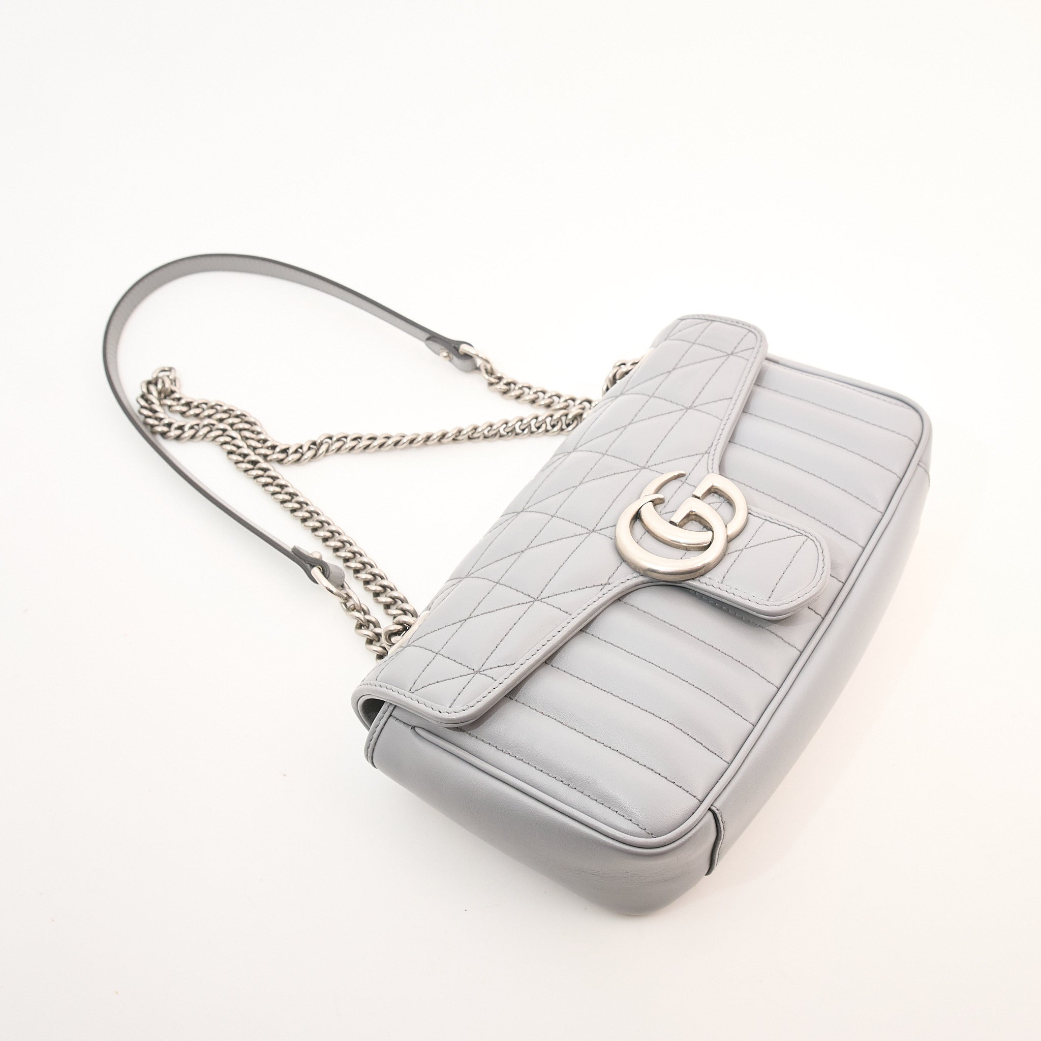 Gucci GG Marmont Flap Bag Grey Matelasse Leather Small