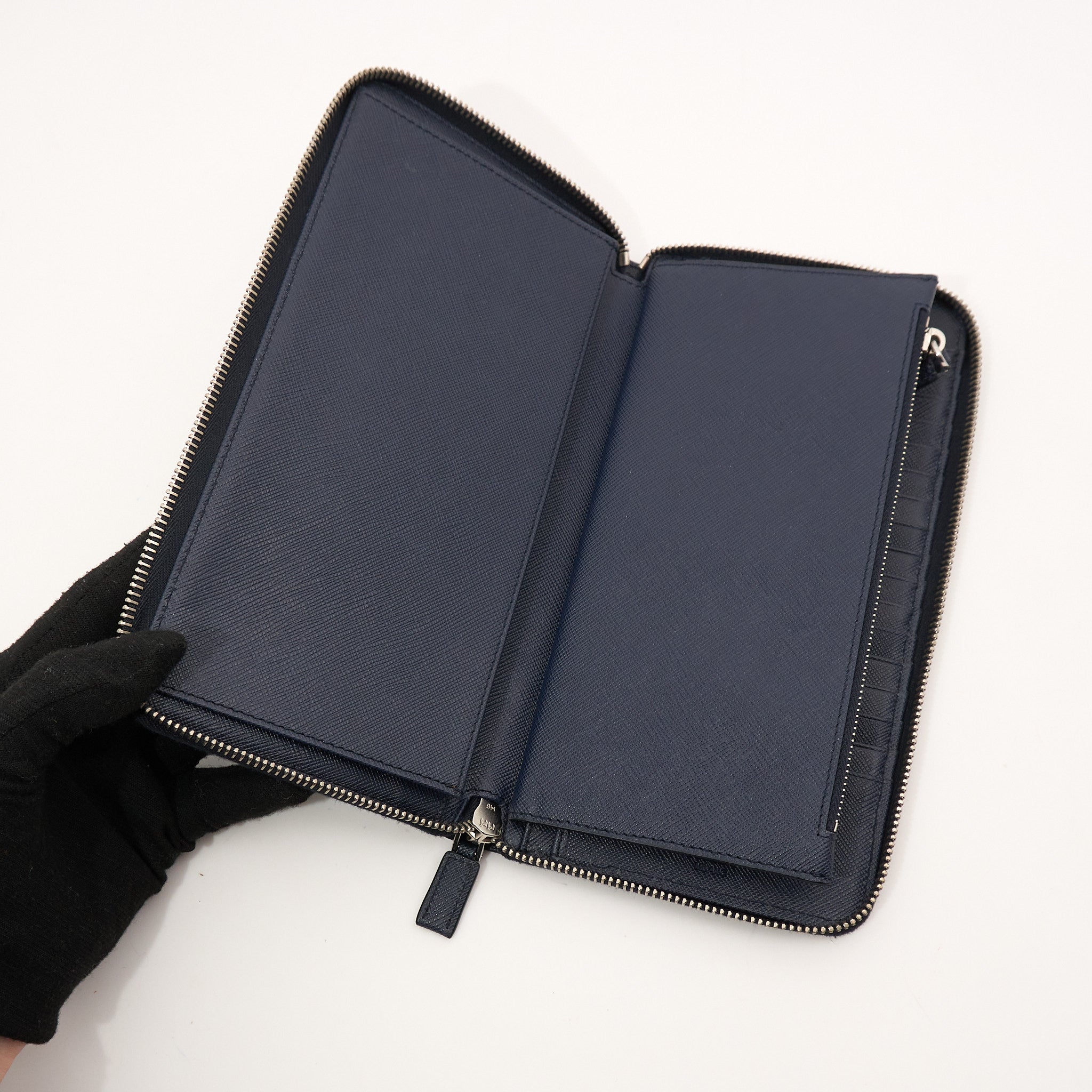 Prada Navy Saffiano Passport Zip Wallet