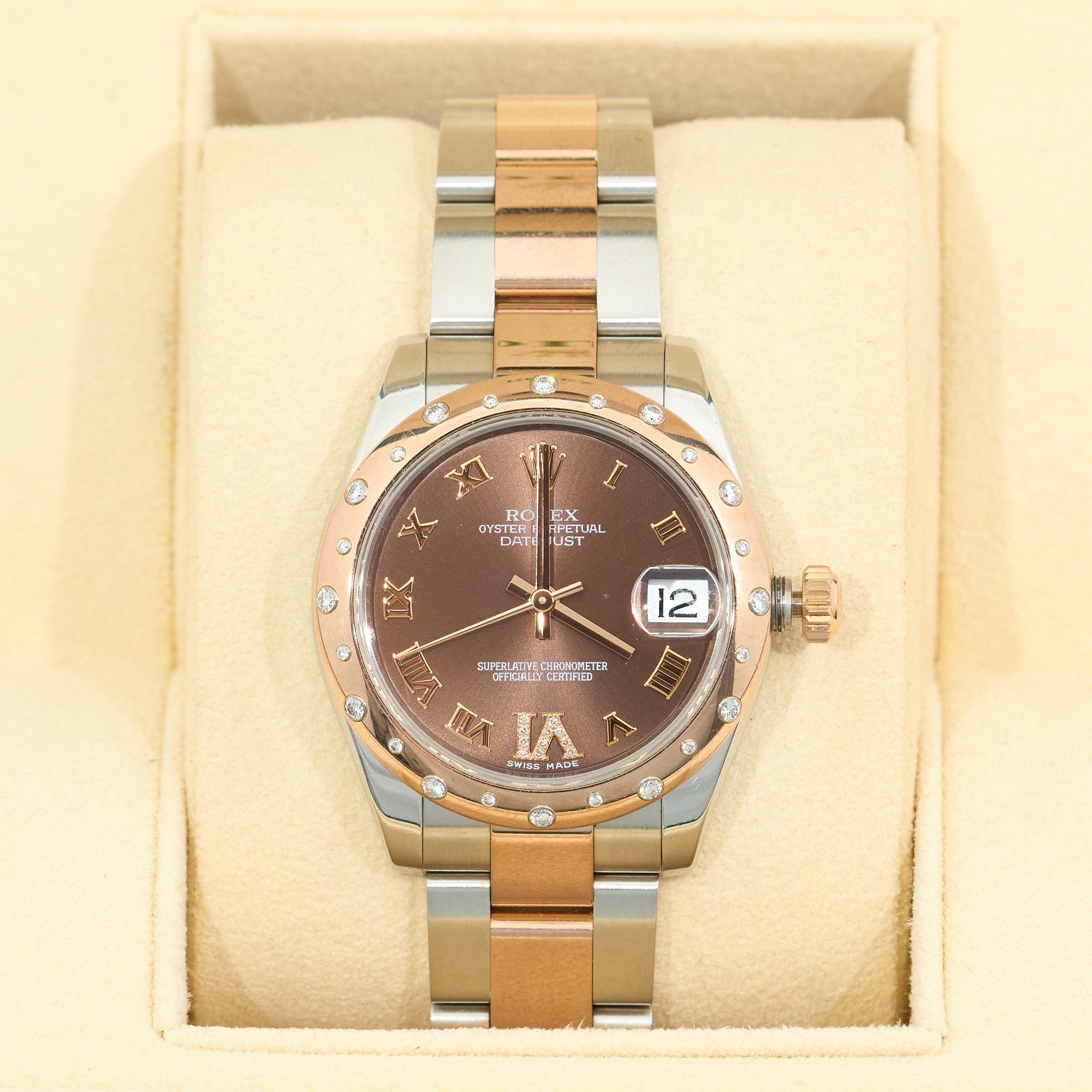 Rolex Oyster Perpetual Datejust 31 Chocolate Dial Diamond Bezel Everose Rolesor