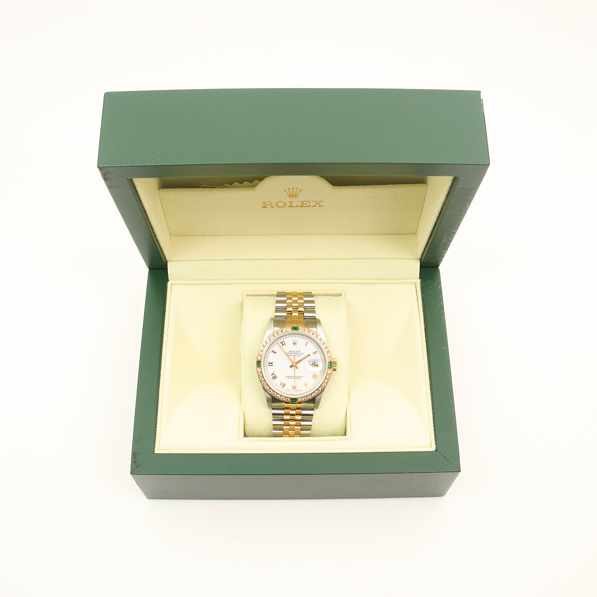 Rolex Datejust 36mm Two Tone Diamond and Emerald Bezel 16233