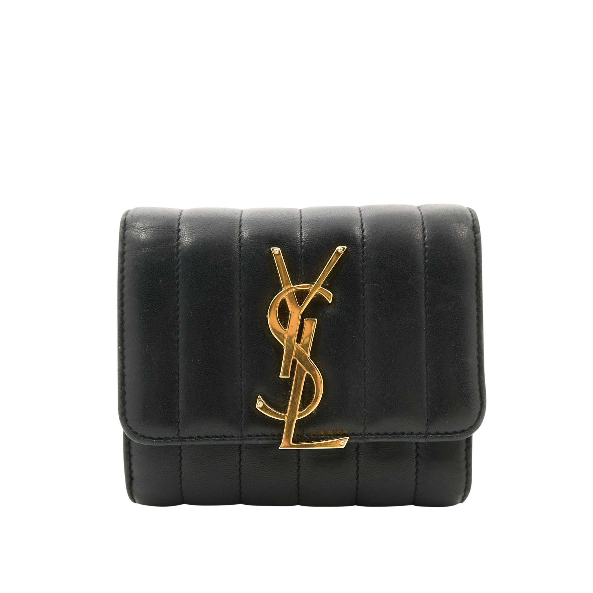 Saint Laurent Black Lambskin Matelasse Vicky Tri-Fold Wallet