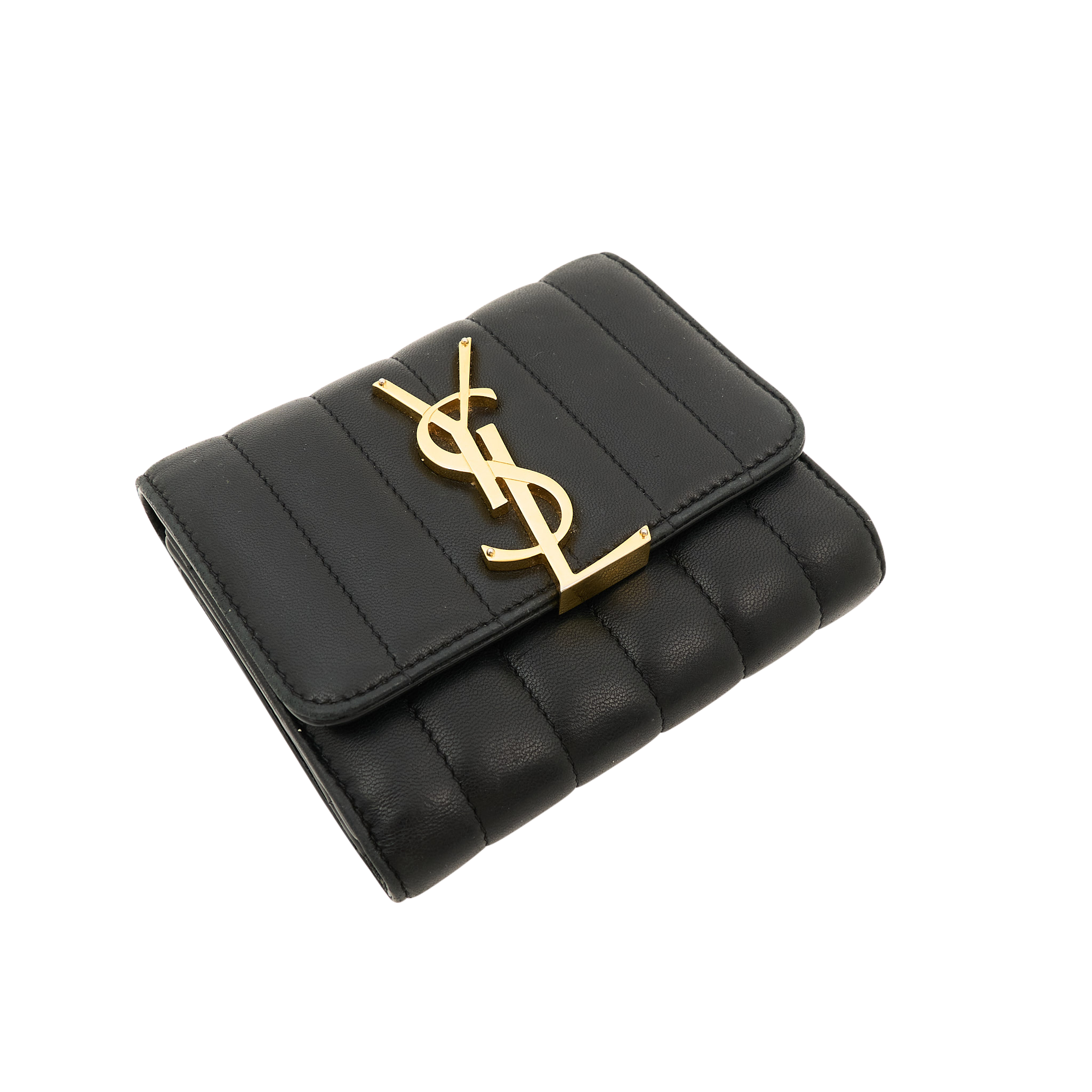 Saint Laurent Black Lambskin Matelasse Vicky Tri-Fold Wallet