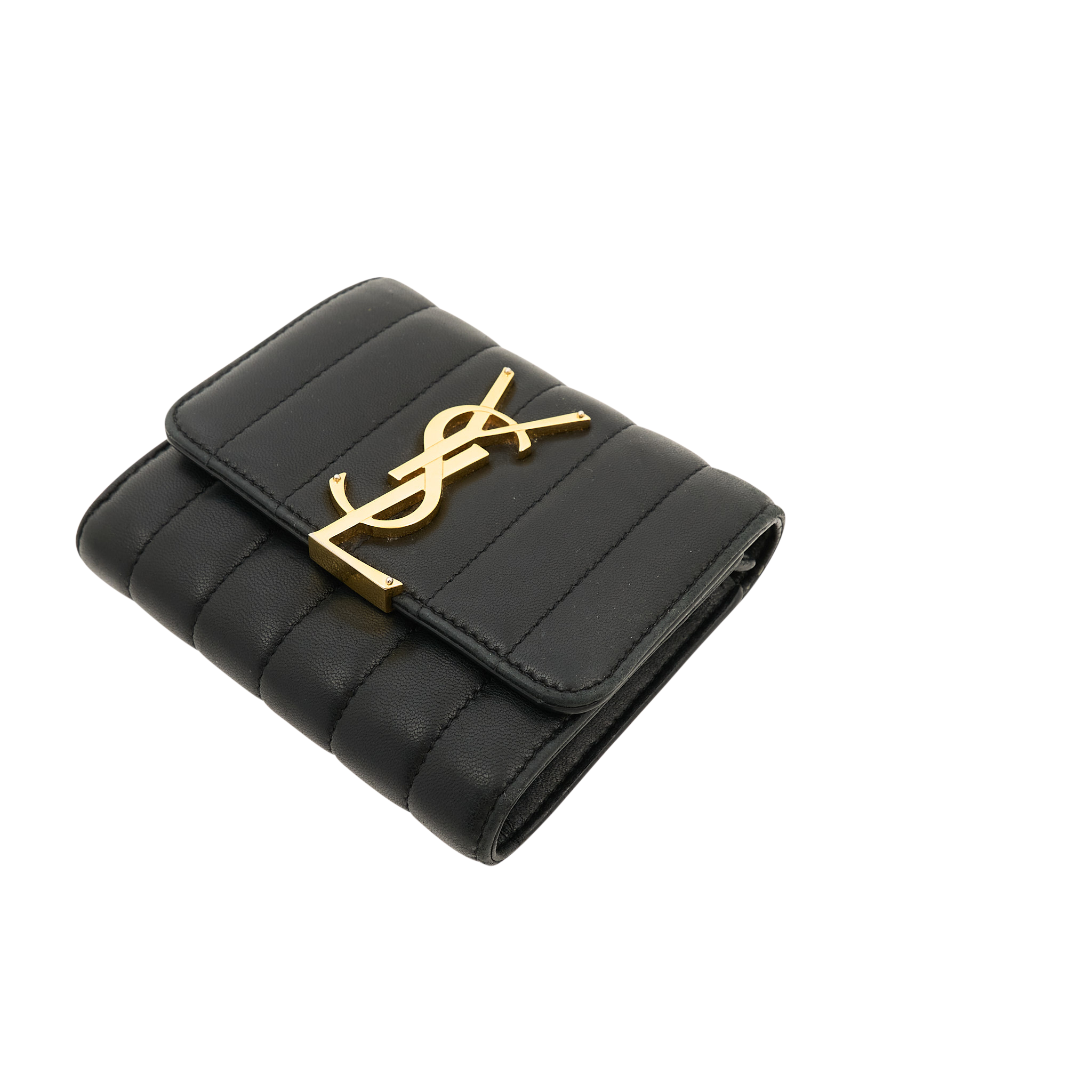 Saint Laurent Black Lambskin Matelasse Vicky Tri-Fold Wallet