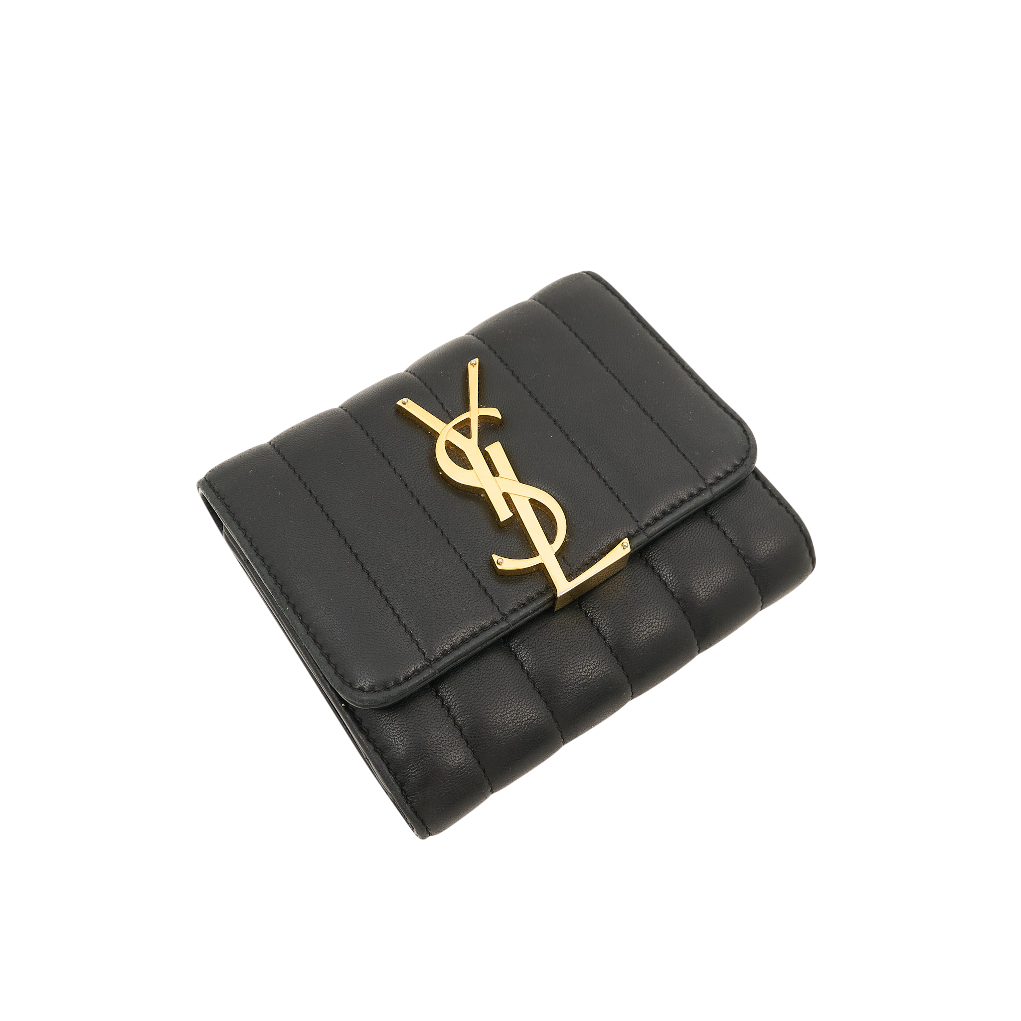 Saint Laurent Black Lambskin Matelasse Vicky Tri-Fold Wallet