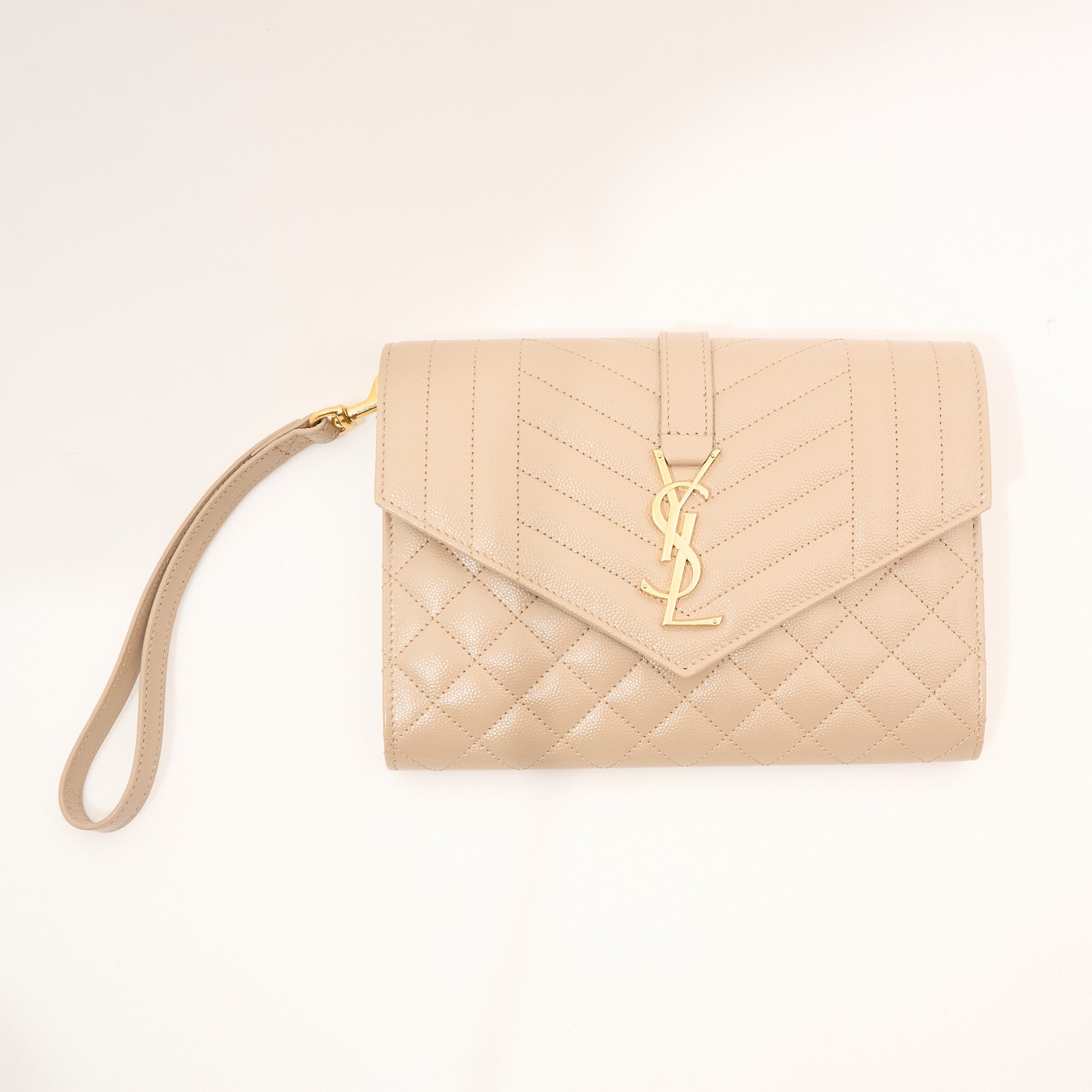 Saint Laurent Cassandre Beige Envelope Matelassé Leather Clutch