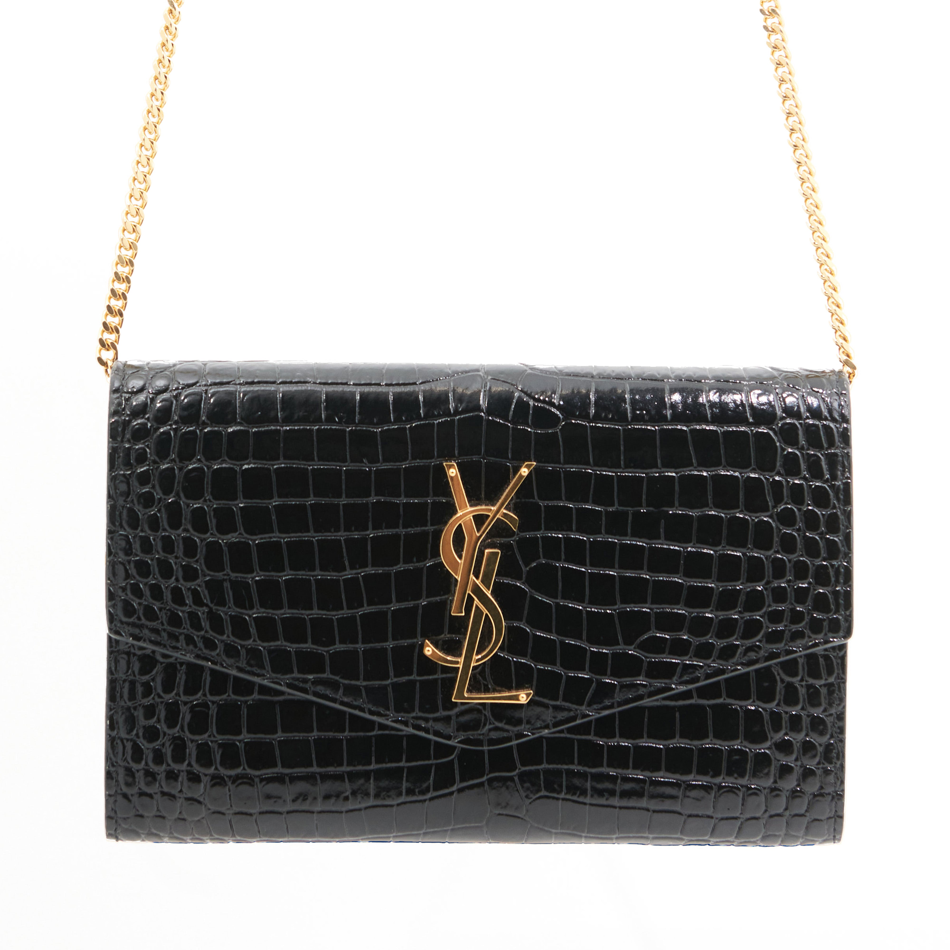 Saint Laurent Croc Leather Cassandre Envelope in Black GHW