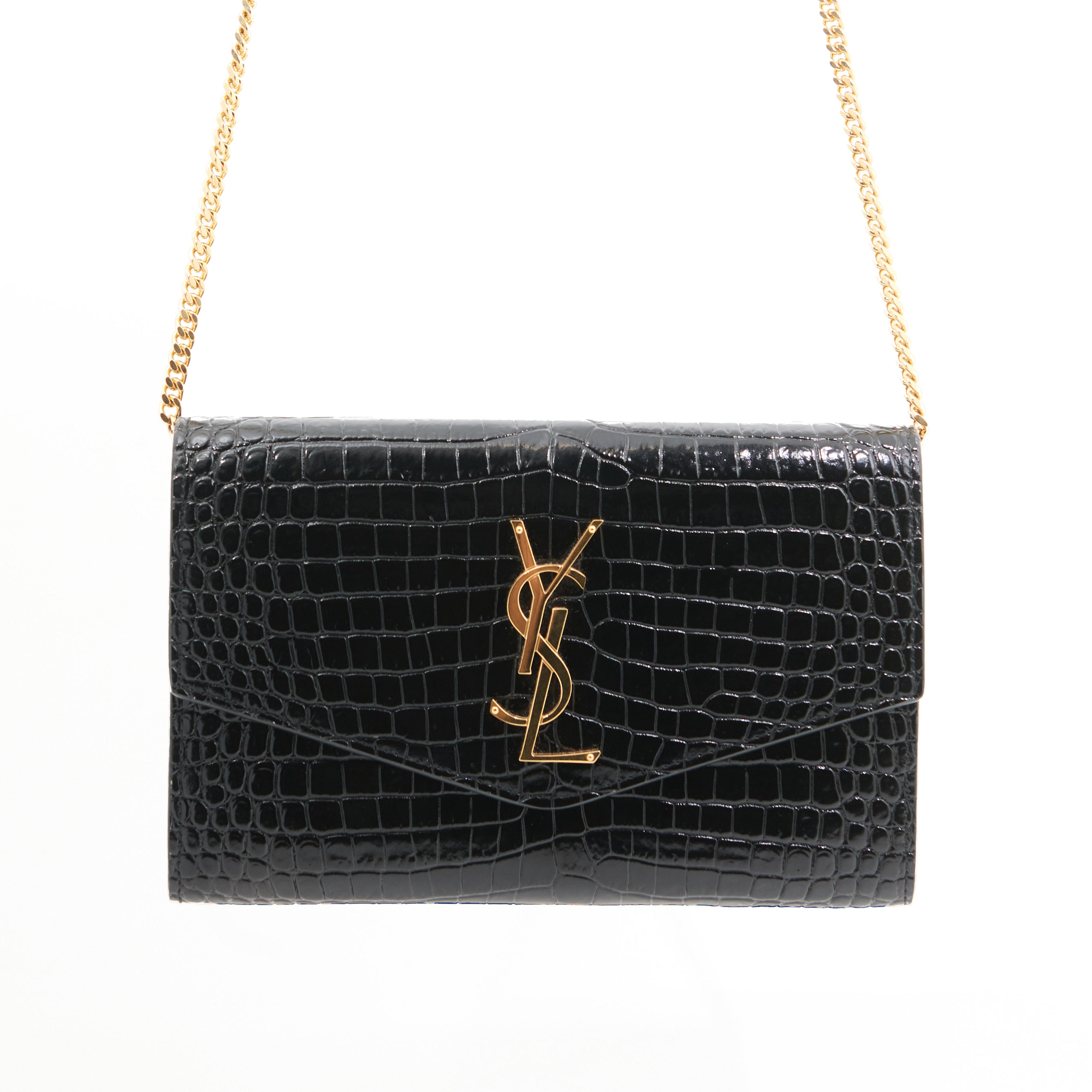 Saint Laurent Croc Leather Cassandre Envelope in Black GHW