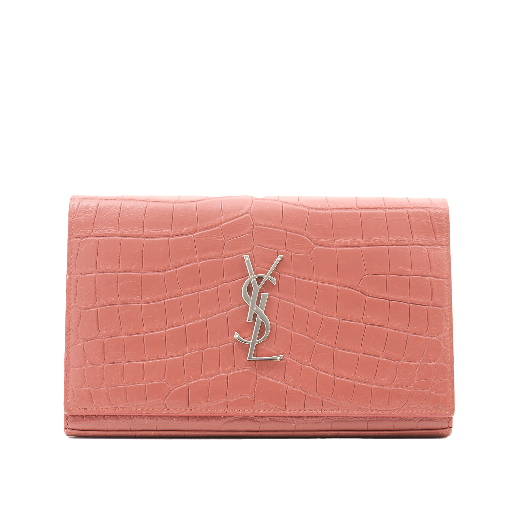 Saint Laurent Croc Embossed Leather Wallet on Chain Salmon