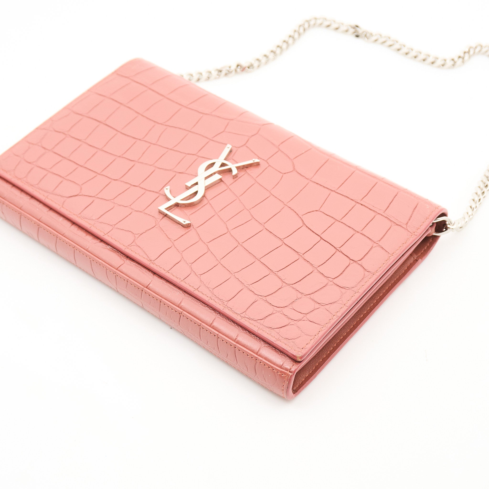 Saint Laurent Croc Embossed Leather Wallet on Chain Salmon